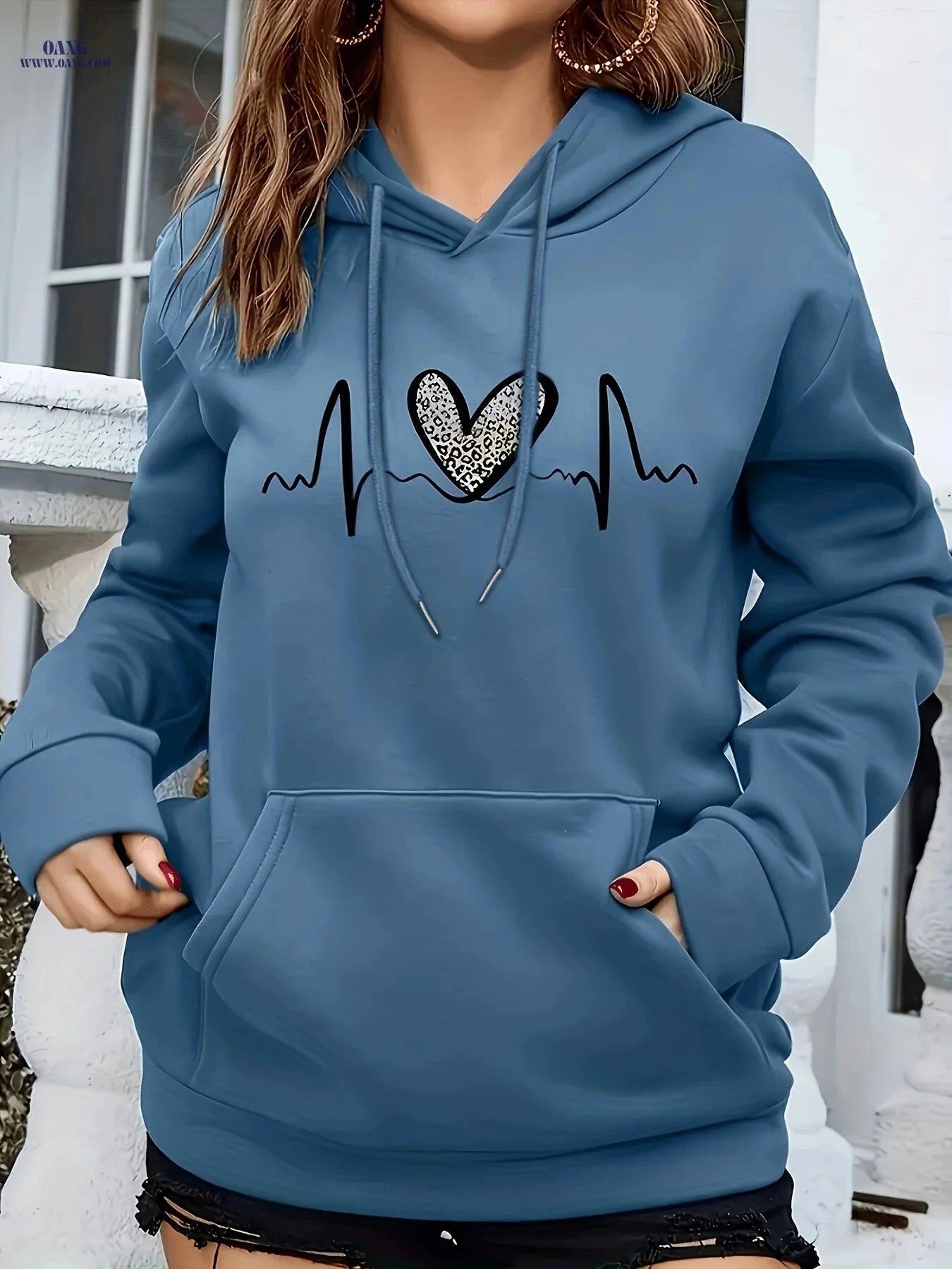 OAXG Women’s Hooded Sweatshirt - Heart Pattern, Drawstring Detail   OAXG 