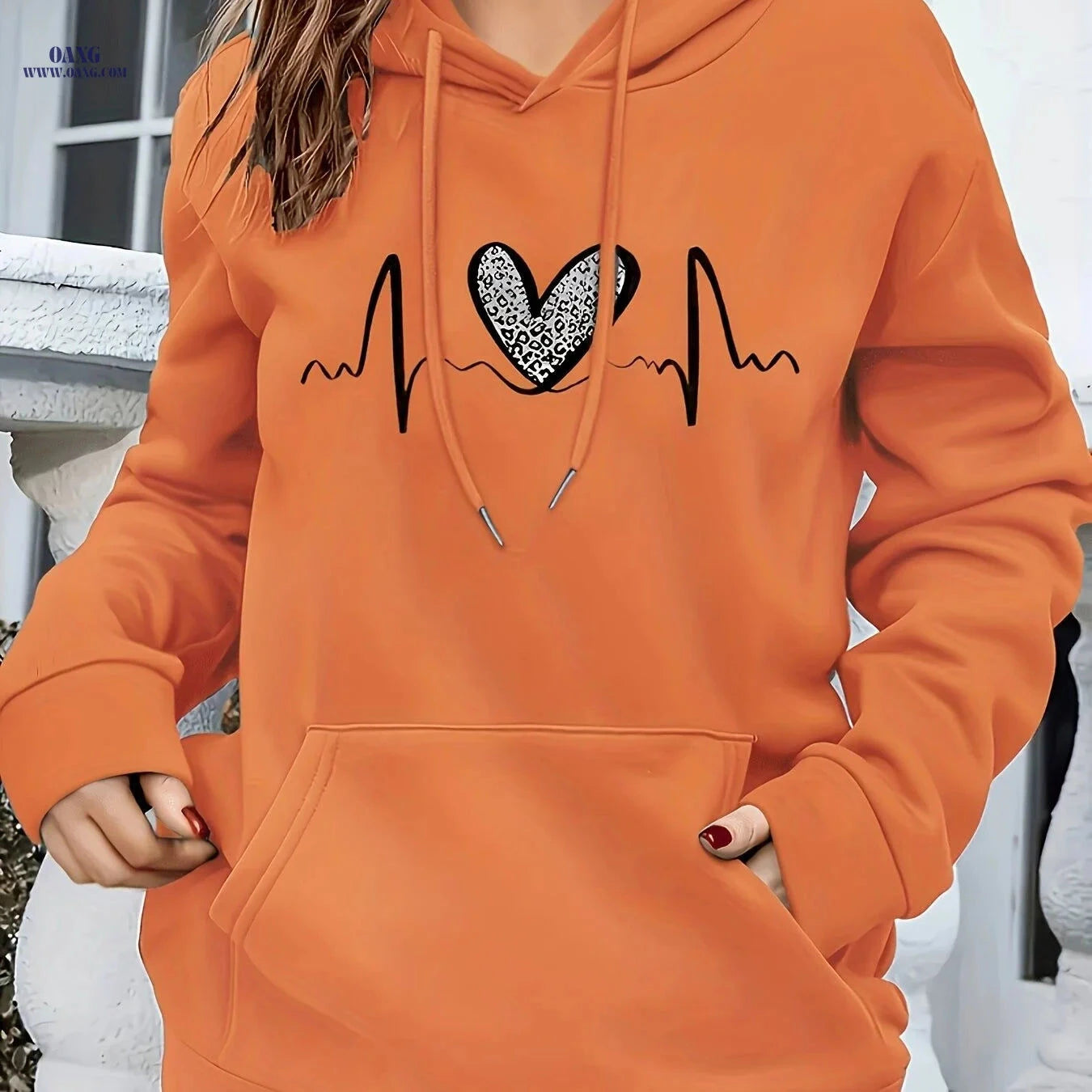 OAXG Women’s Hooded Sweatshirt - Heart Pattern, Drawstring Detail   OAXG 