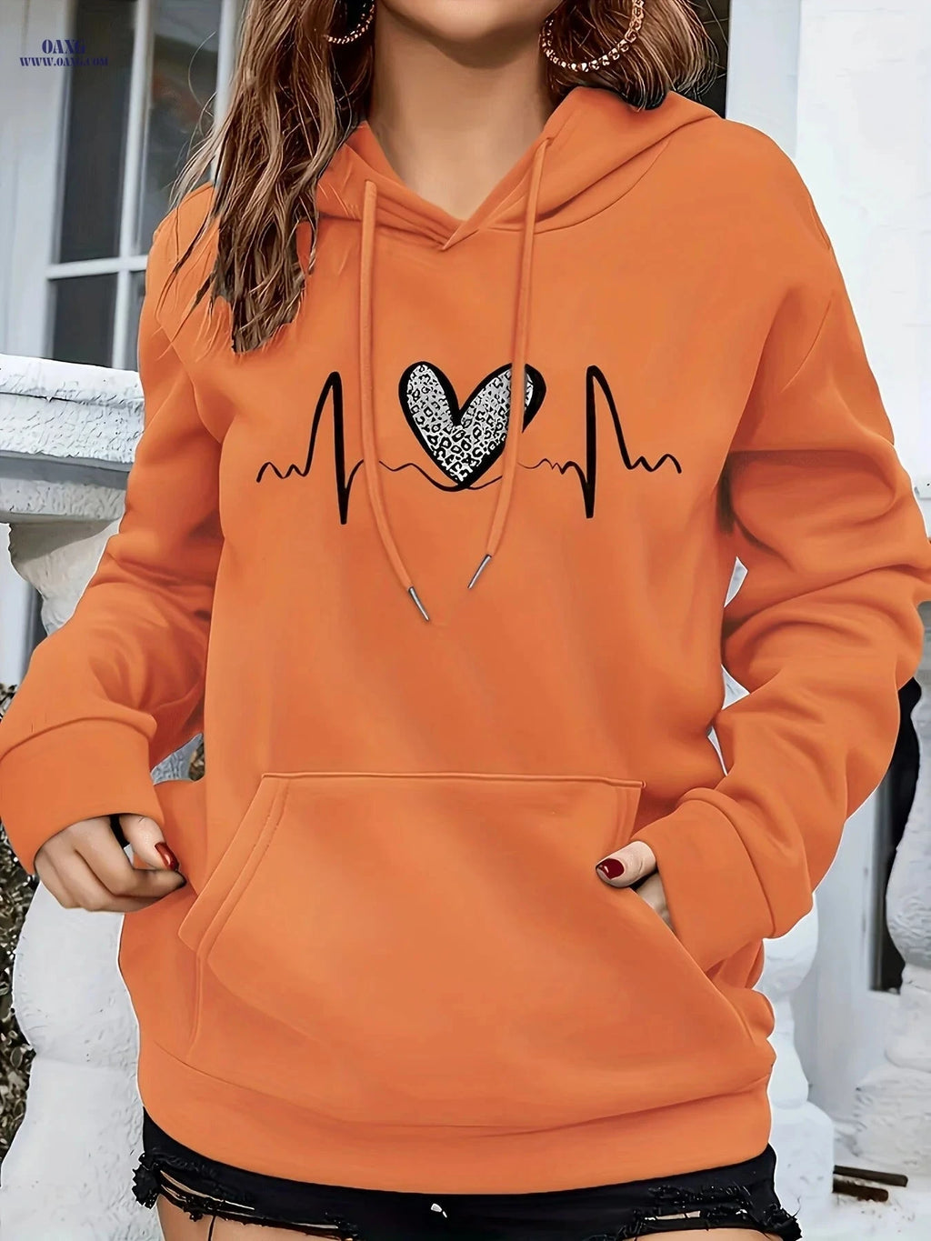 OAXG Women’s Hooded Sweatshirt - Heart Pattern, Drawstring Detail   OAXG 
