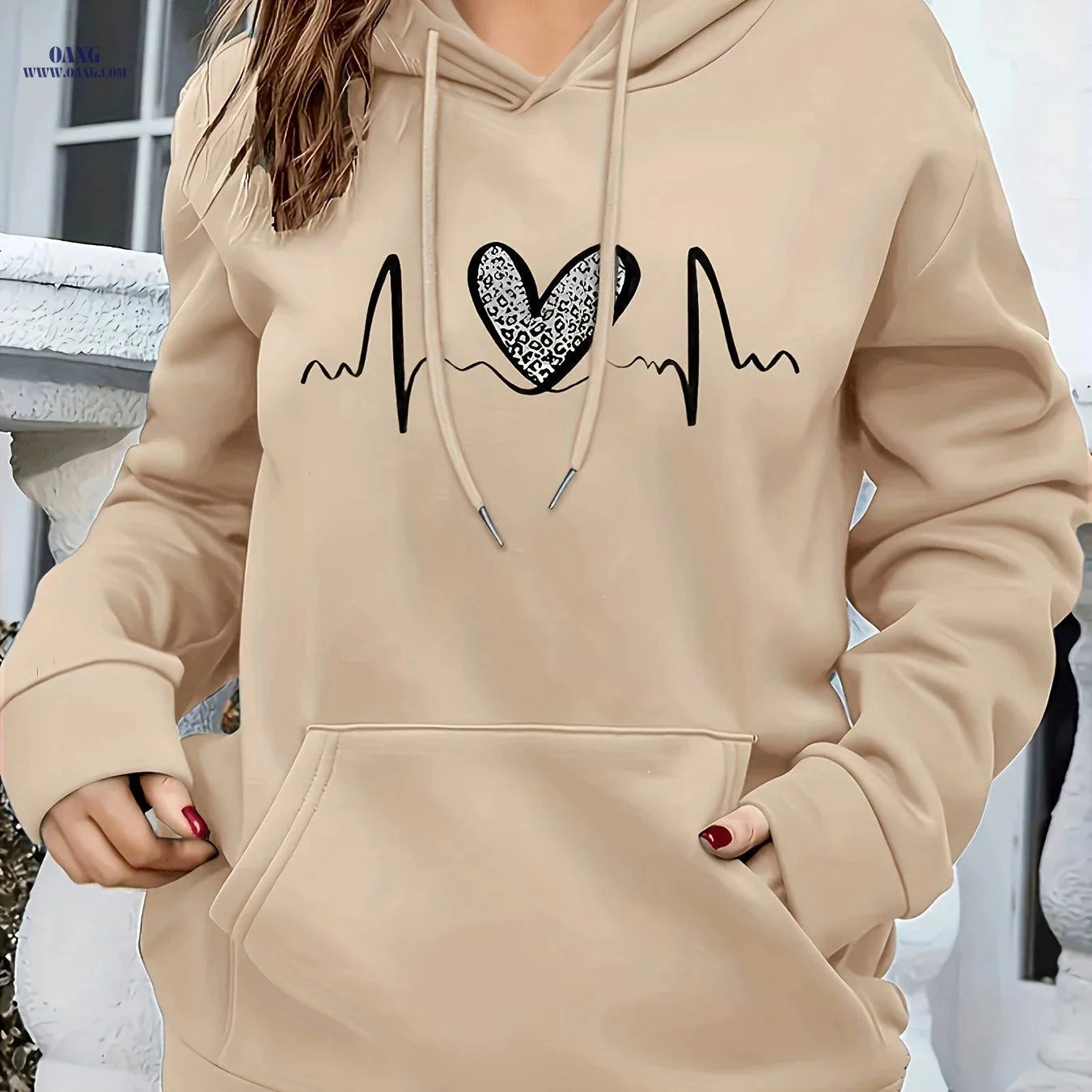 OAXG Women’s Hooded Sweatshirt - Heart Pattern, Drawstring Detail   OAXG 
