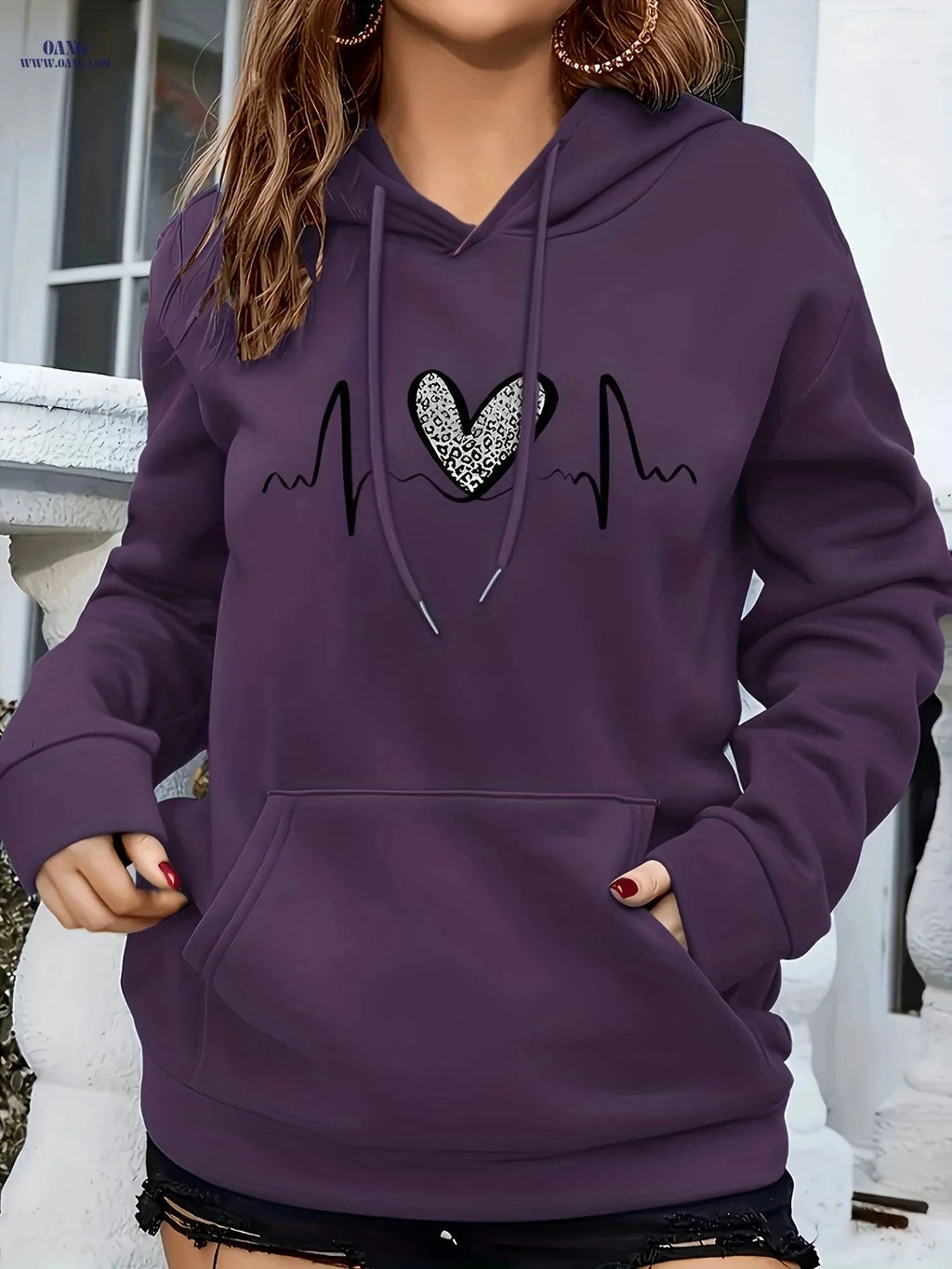 OAXG Women’s Hooded Sweatshirt - Heart Pattern, Drawstring Detail   OAXG 