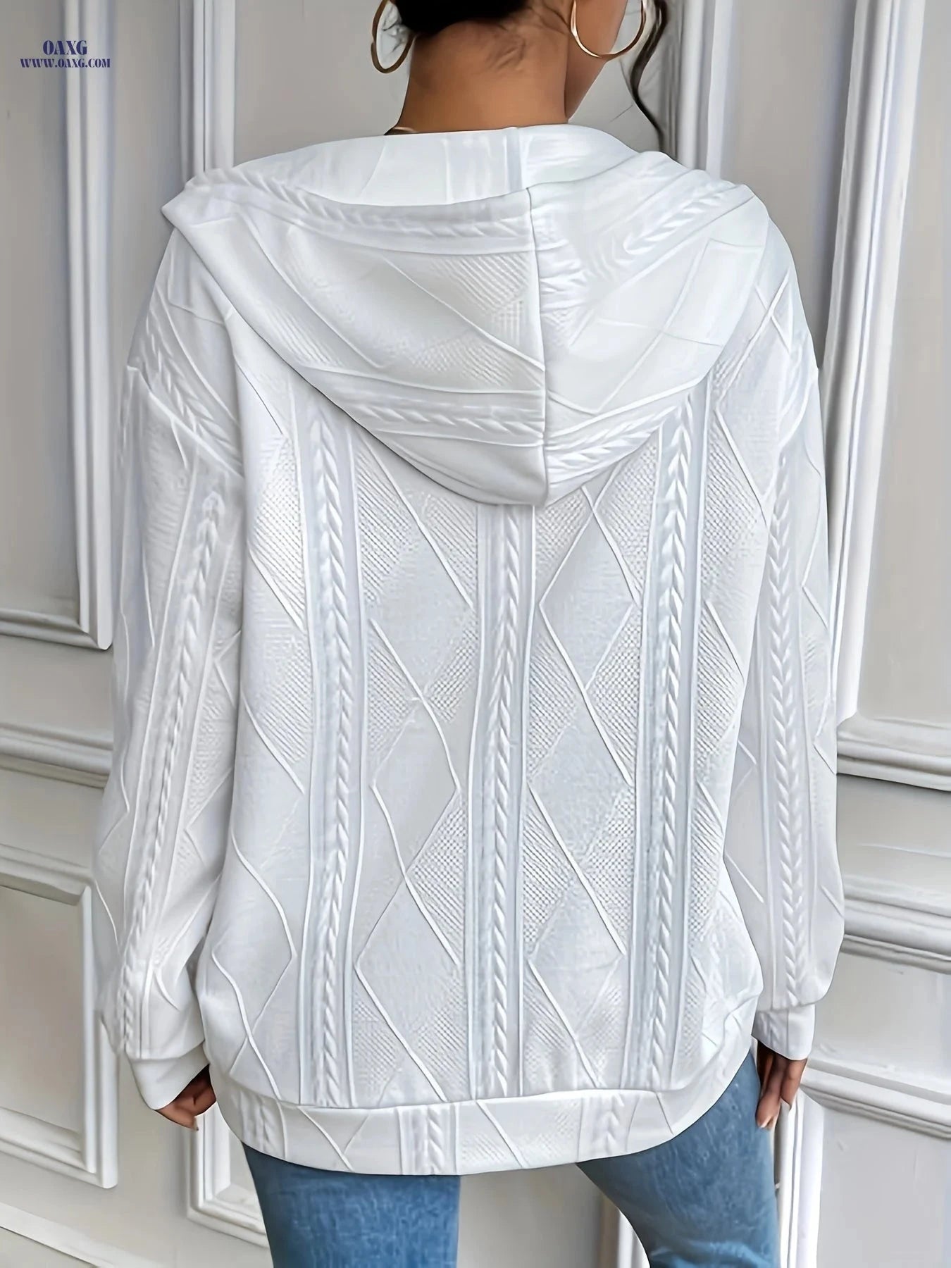OAXG Women's Hooded Zip-Up Cardigan - Casual Diamond Jacquard Top   OAXG 