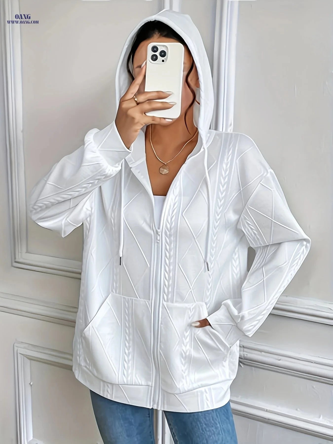 OAXG Women's Hooded Zip-Up Cardigan - Casual Diamond Jacquard Top   OAXG 