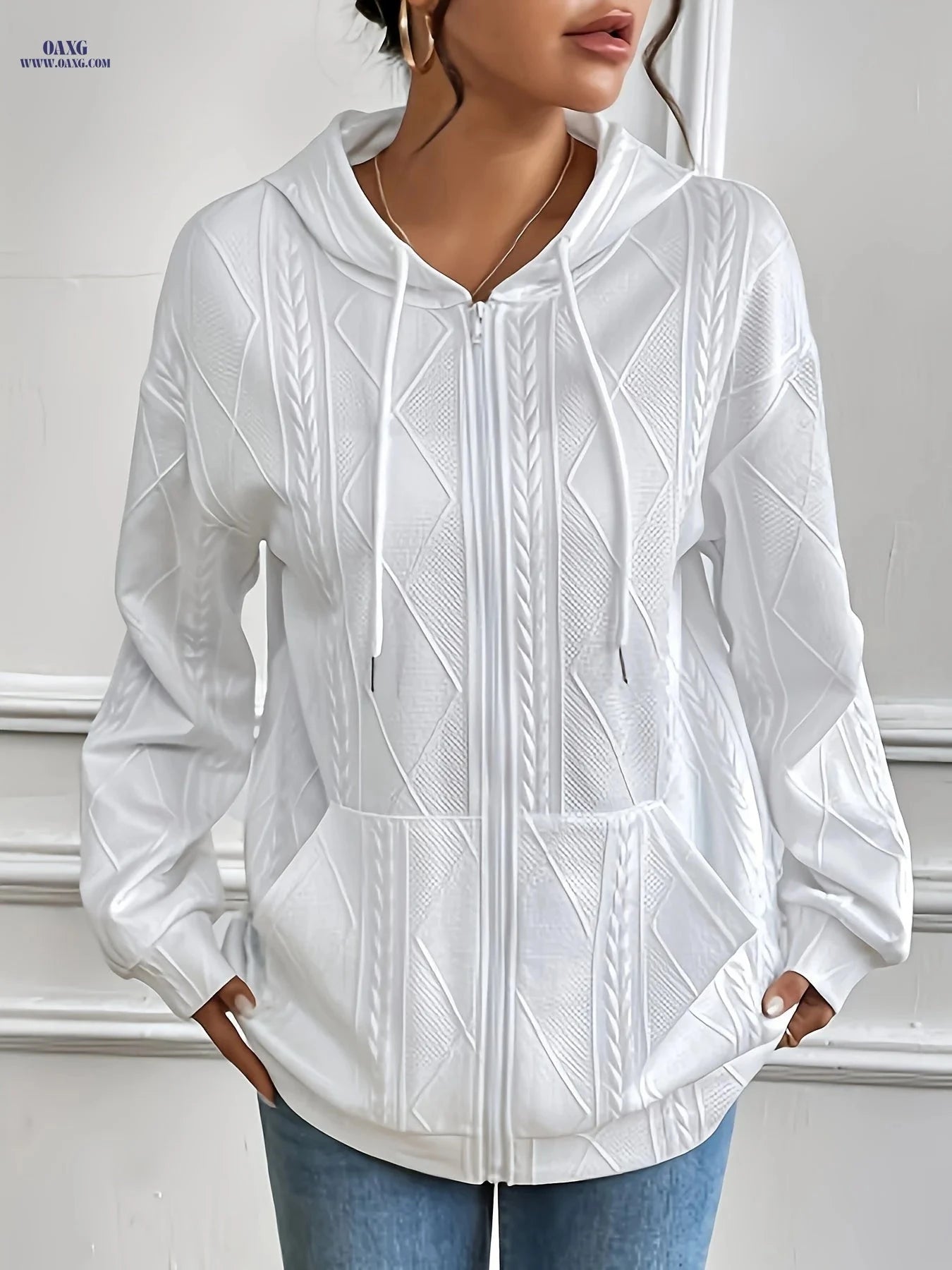 OAXG Women's Hooded Zip-Up Cardigan - Casual Diamond Jacquard Top   OAXG 