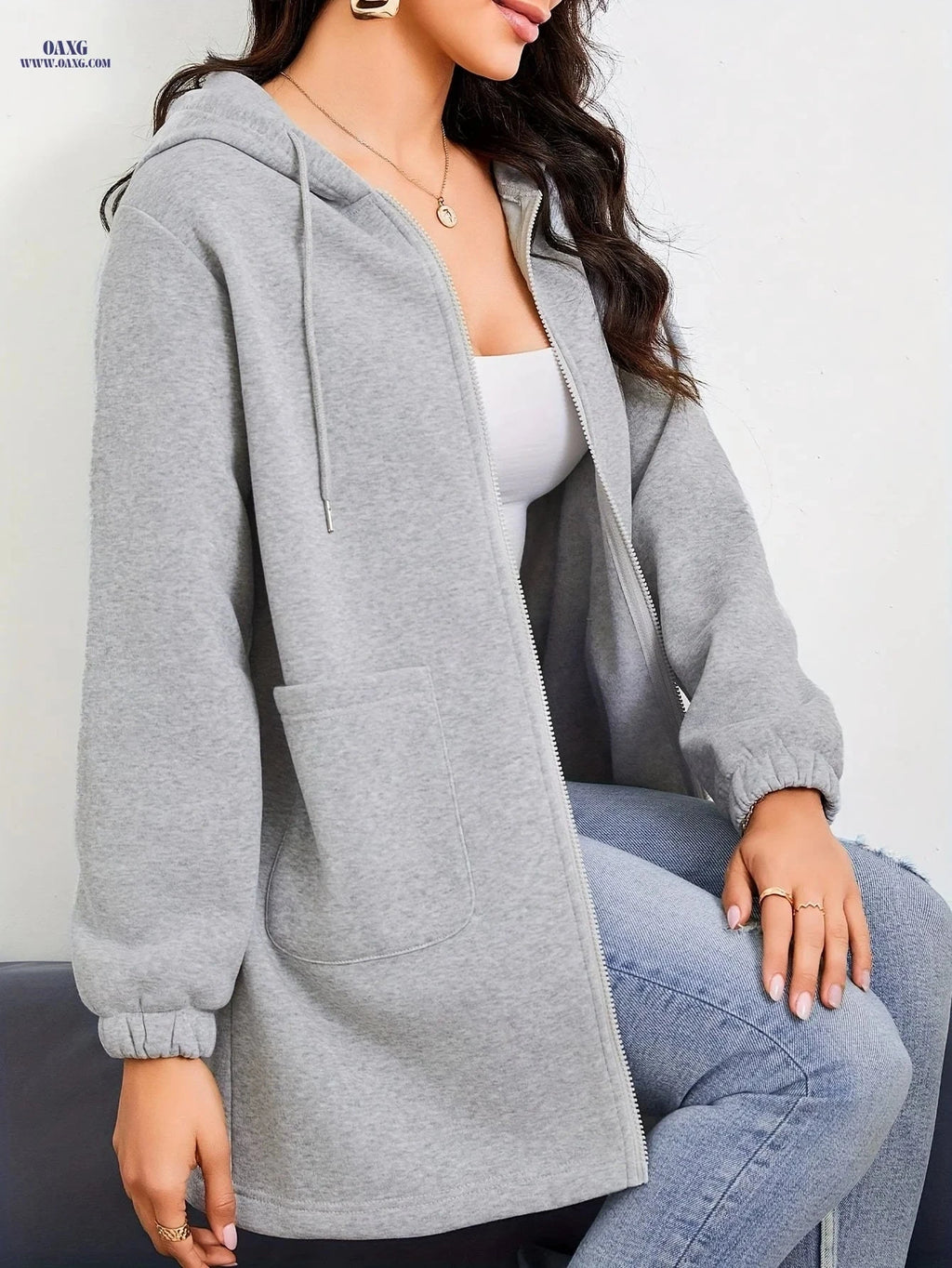 OAXG Women's Hooded Zipper Sweatshirt - Casual Fashion with Pockets   OAXG 