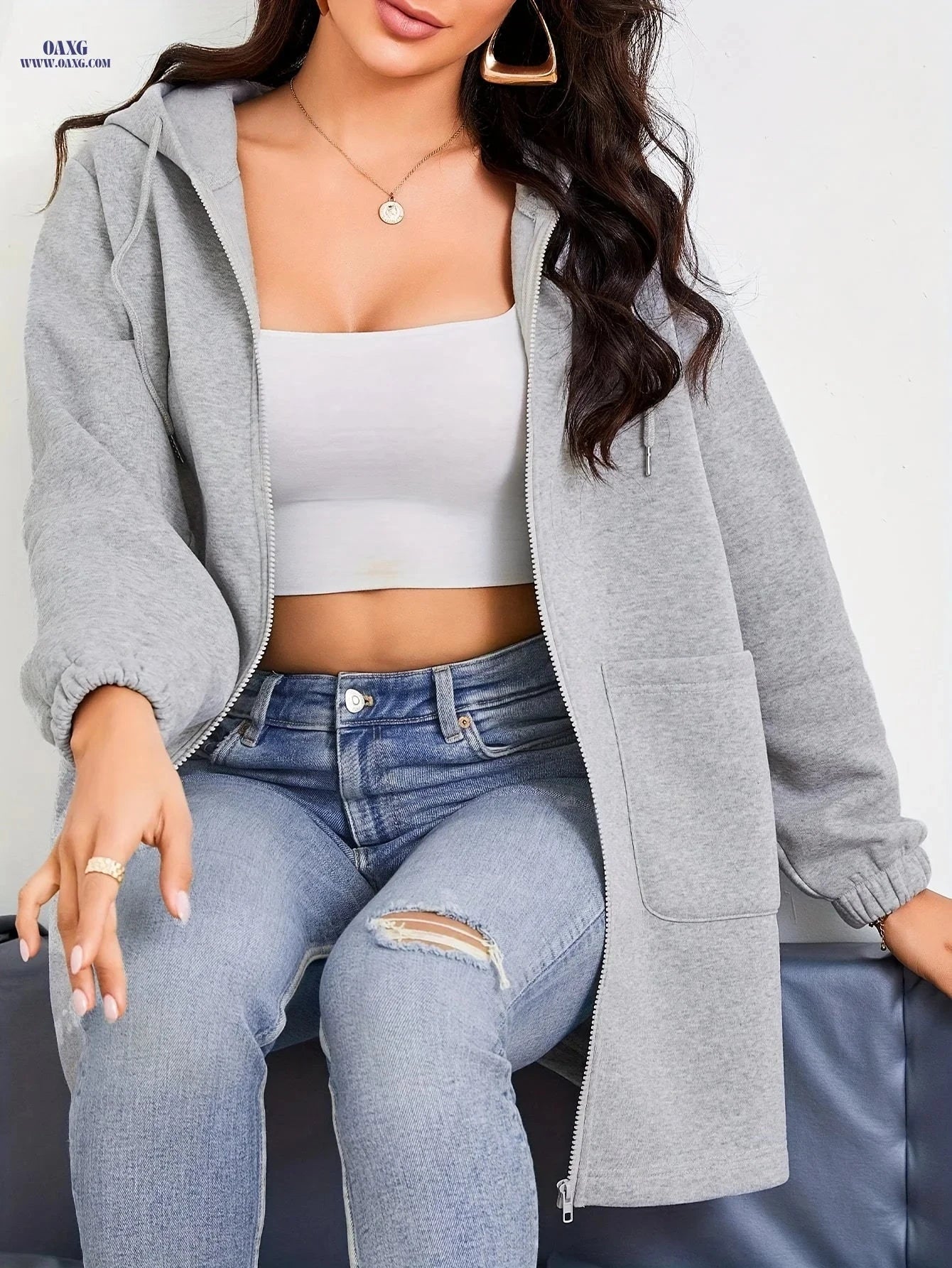 OAXG Women's Hooded Zipper Sweatshirt - Casual Fashion with Pockets   OAXG 