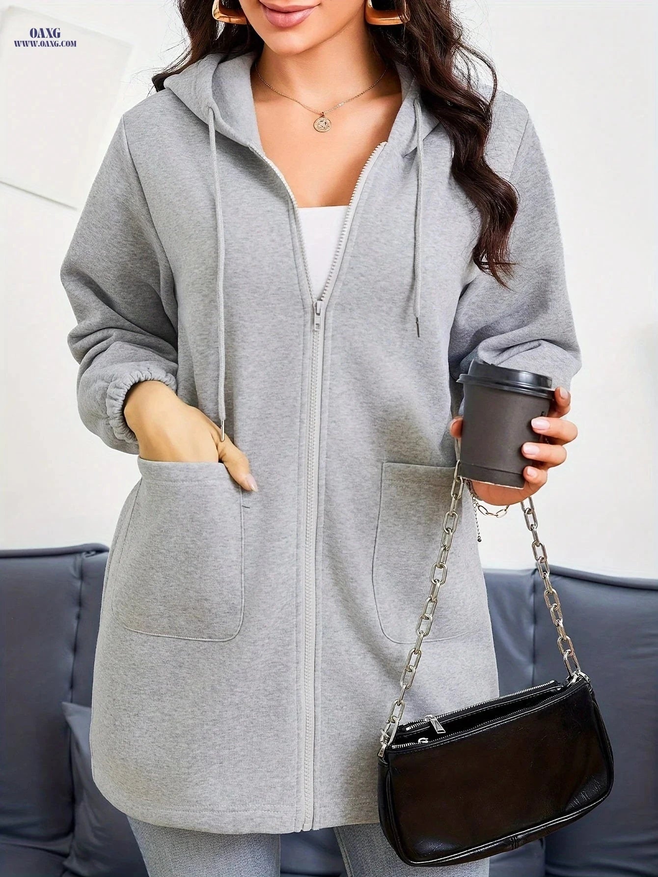 OAXG Women's Hooded Zipper Sweatshirt - Casual Fashion with Pockets   OAXG 