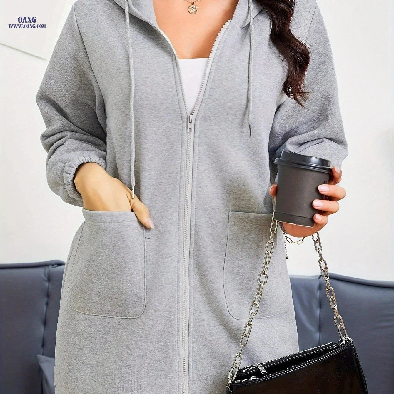 OAXG Women's Hooded Zipper Sweatshirt - Casual Fashion with Pockets   OAXG 