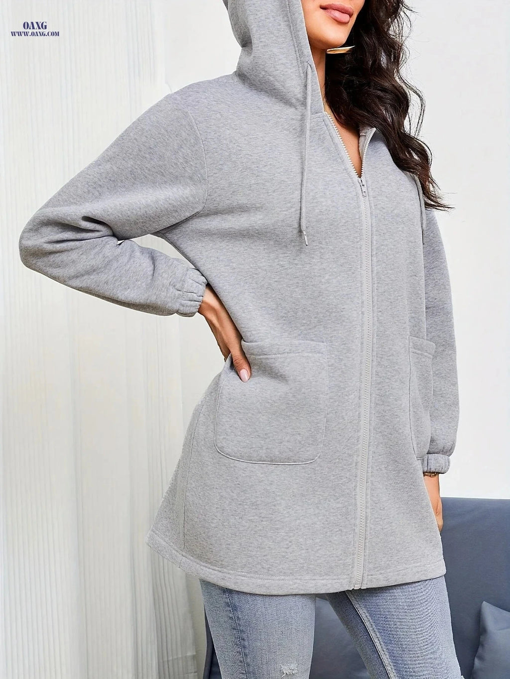 OAXG Women's Hooded Zipper Sweatshirt - Casual Fashion with Pockets   OAXG 