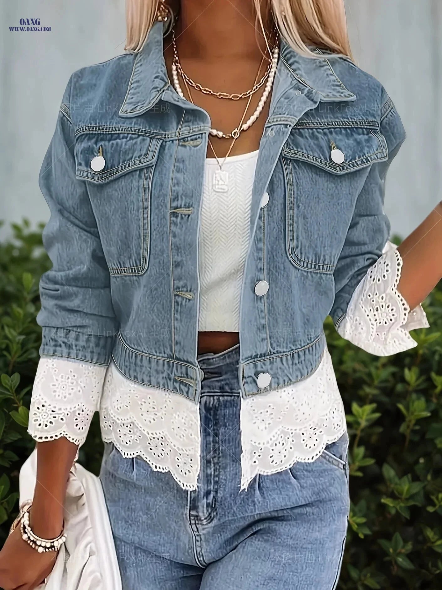 OAXG Women's Lace Denim Jacket - Casual Fall/Winter Outerwear   OAXG 