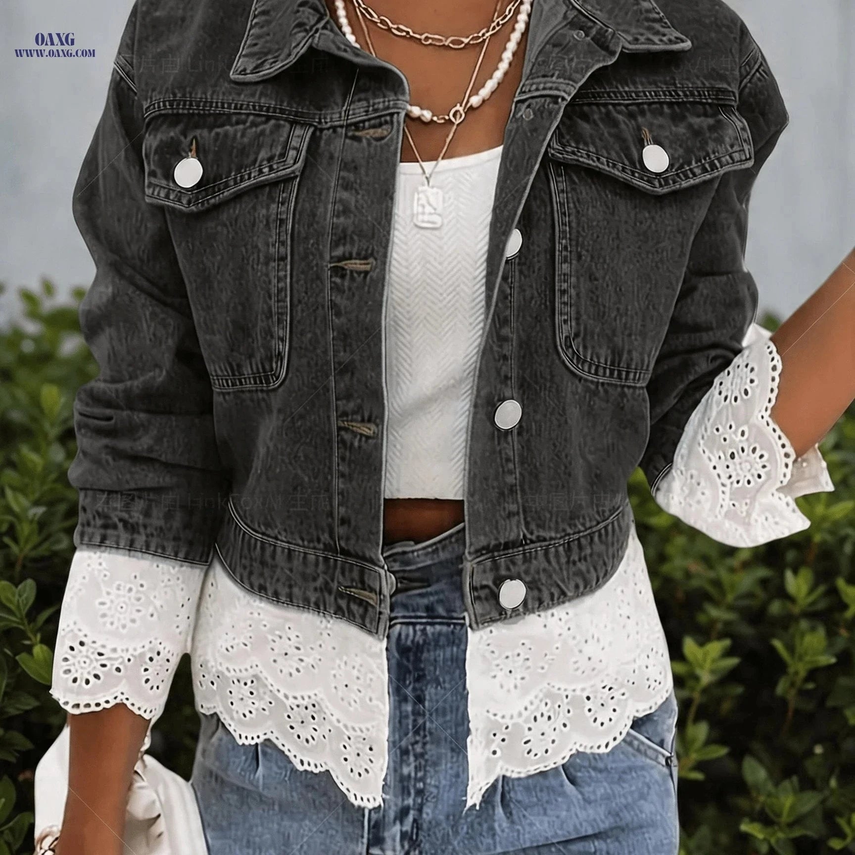 OAXG Women's Lace Denim Jacket - Casual Fall/Winter Outerwear   OAXG 