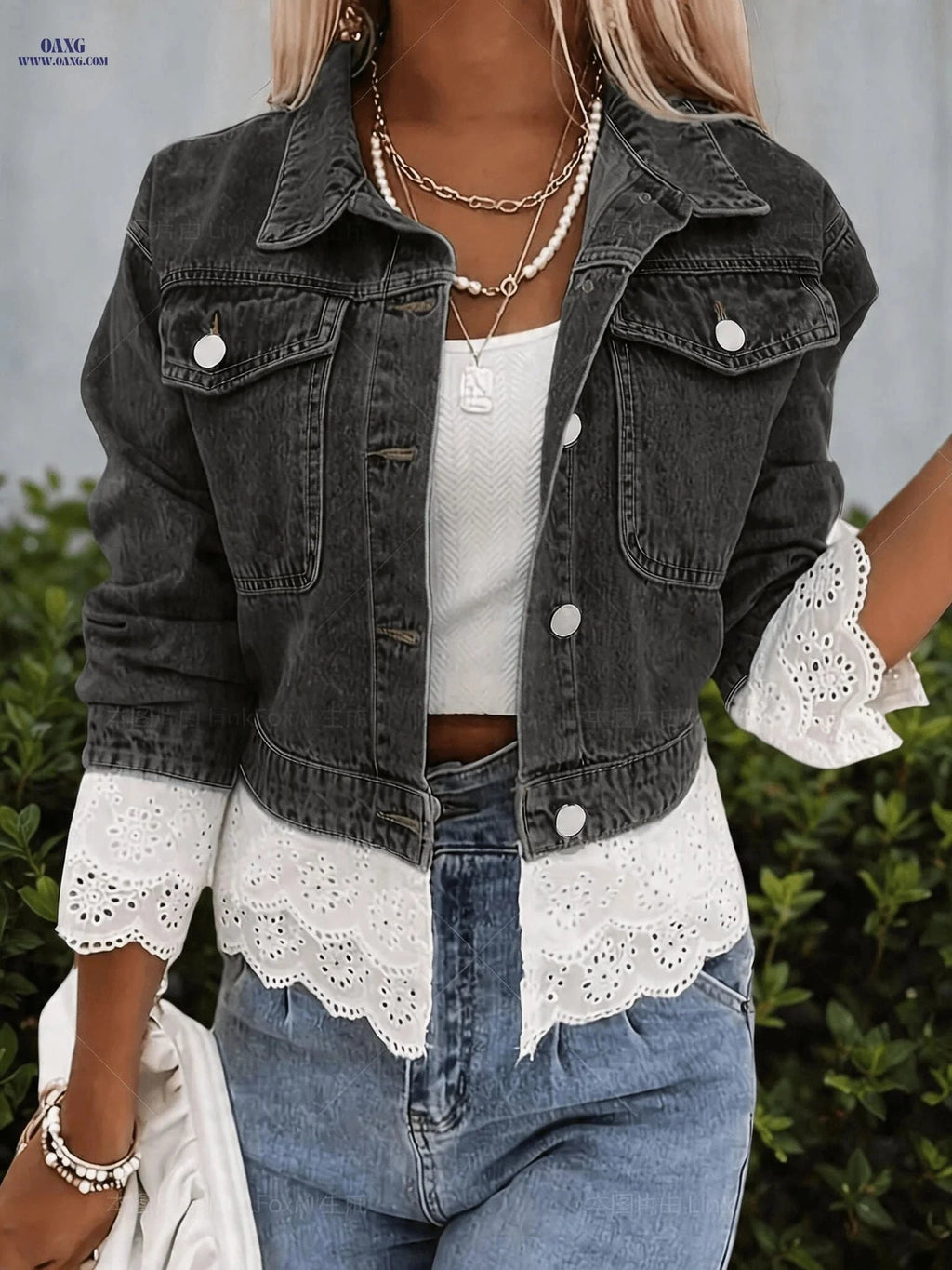 OAXG Women's Lace Denim Jacket - Casual Fall/Winter Outerwear   OAXG 