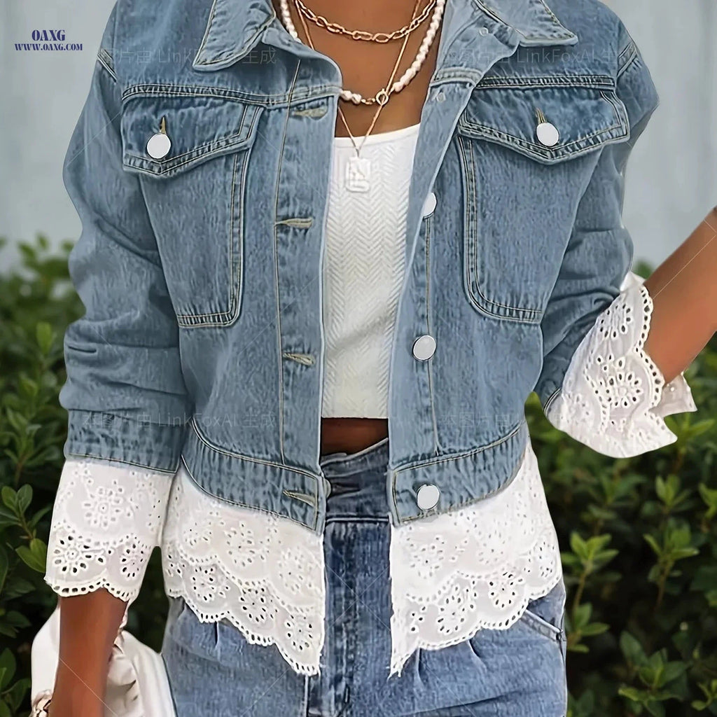 OAXG Women's Lace Denim Jacket - Casual Fall/Winter Outerwear   OAXG 