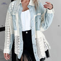 OAXG Women's Lace Patchwork Denim Jacket - Casual Midi Coat   OAXG 