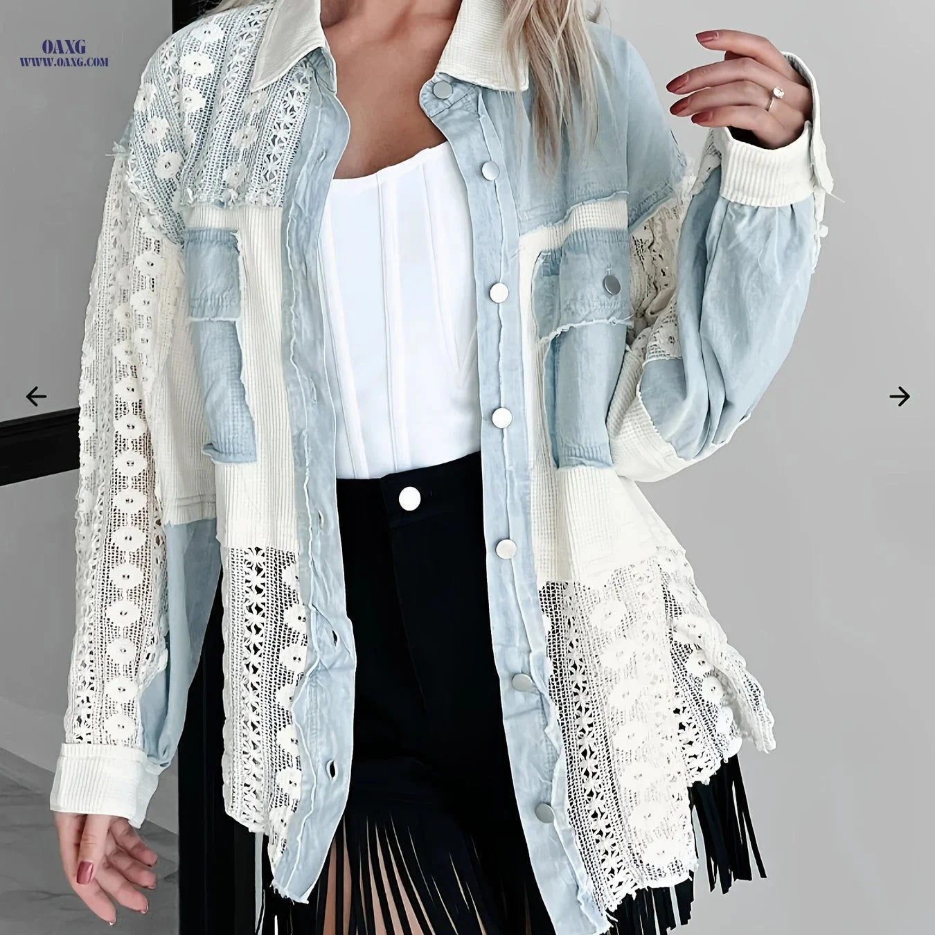 OAXG Women's Lace Patchwork Denim Jacket - Casual Midi Coat   OAXG 