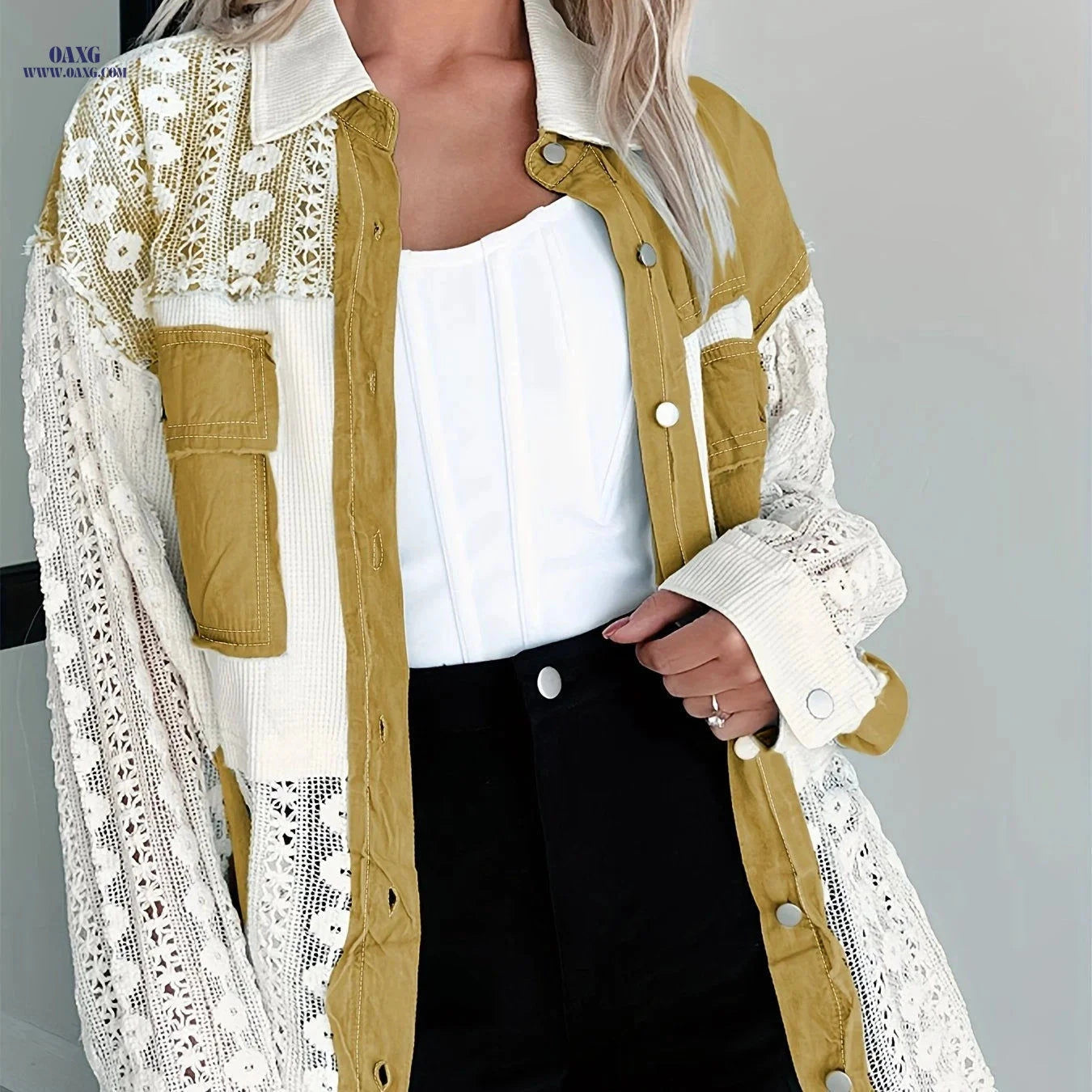 OAXG Women's Lace Patchwork Denim Jacket - Casual Midi Coat   OAXG 