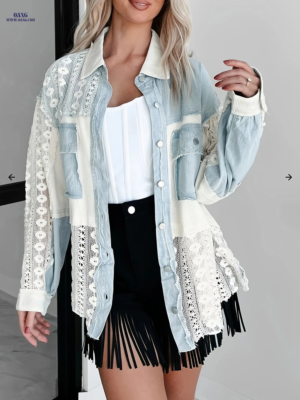 OAXG Women's Lace Patchwork Denim Jacket - Casual Midi Coat   OAXG 