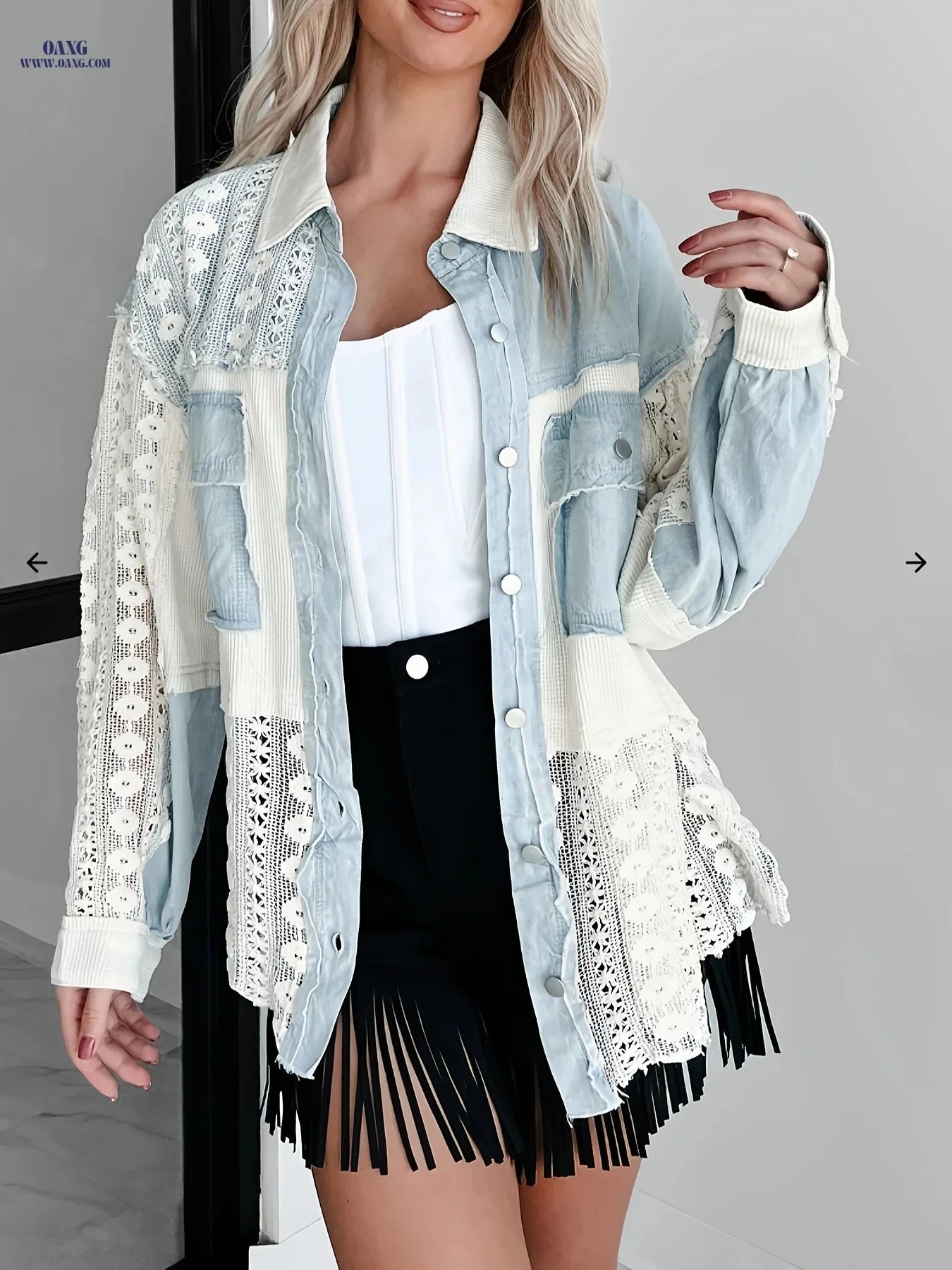 OAXG Women's Lace Patchwork Denim Jacket - Casual Midi Coat   OAXG 