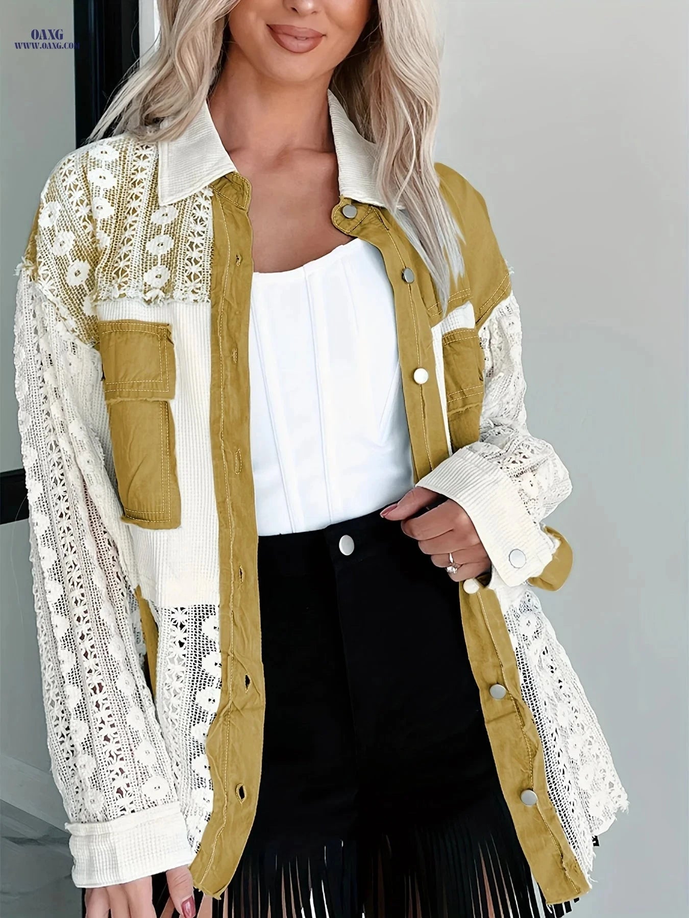 OAXG Women's Lace Patchwork Denim Jacket - Casual Midi Coat   OAXG 