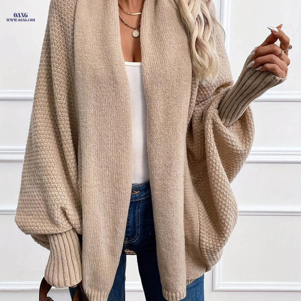 OAXG Women's Lantern Sleeve Cardigan - Elegant Fall/Winter Jacket   OAXG Khaki / S