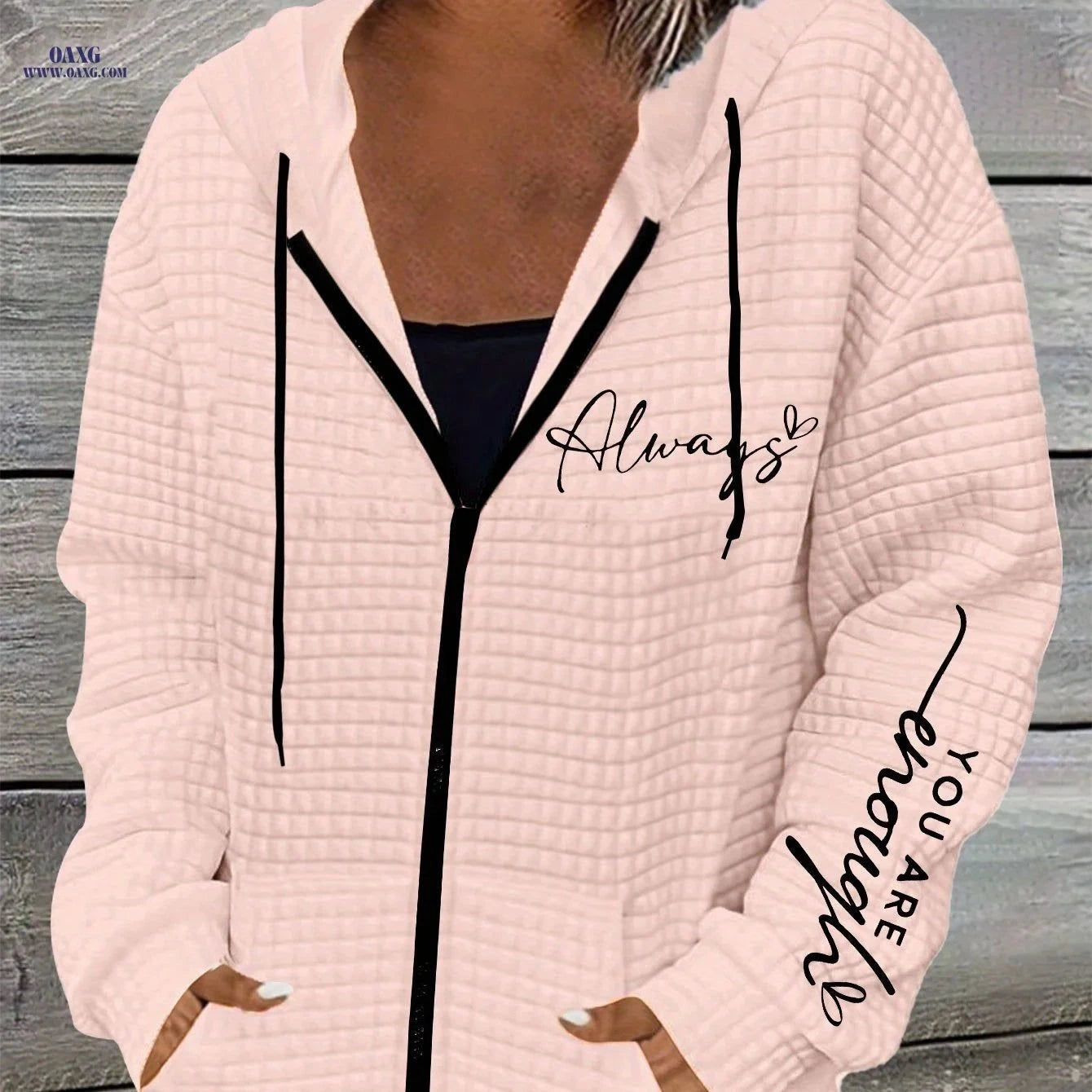 OAXG Women's Letter Print Hoodie - Zipper Dual Pockets, Casual Style   OAXG White / S