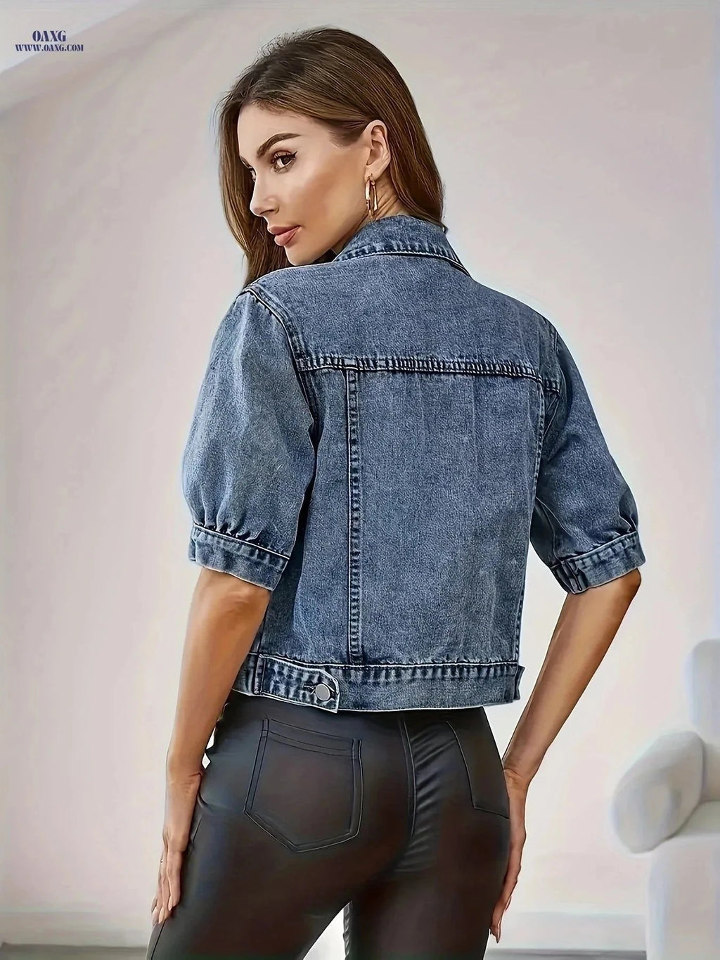 OAXG Women's Light Blue Denim Jacket - Casual Short Sleeve Style   OAXG Medium Blue / S