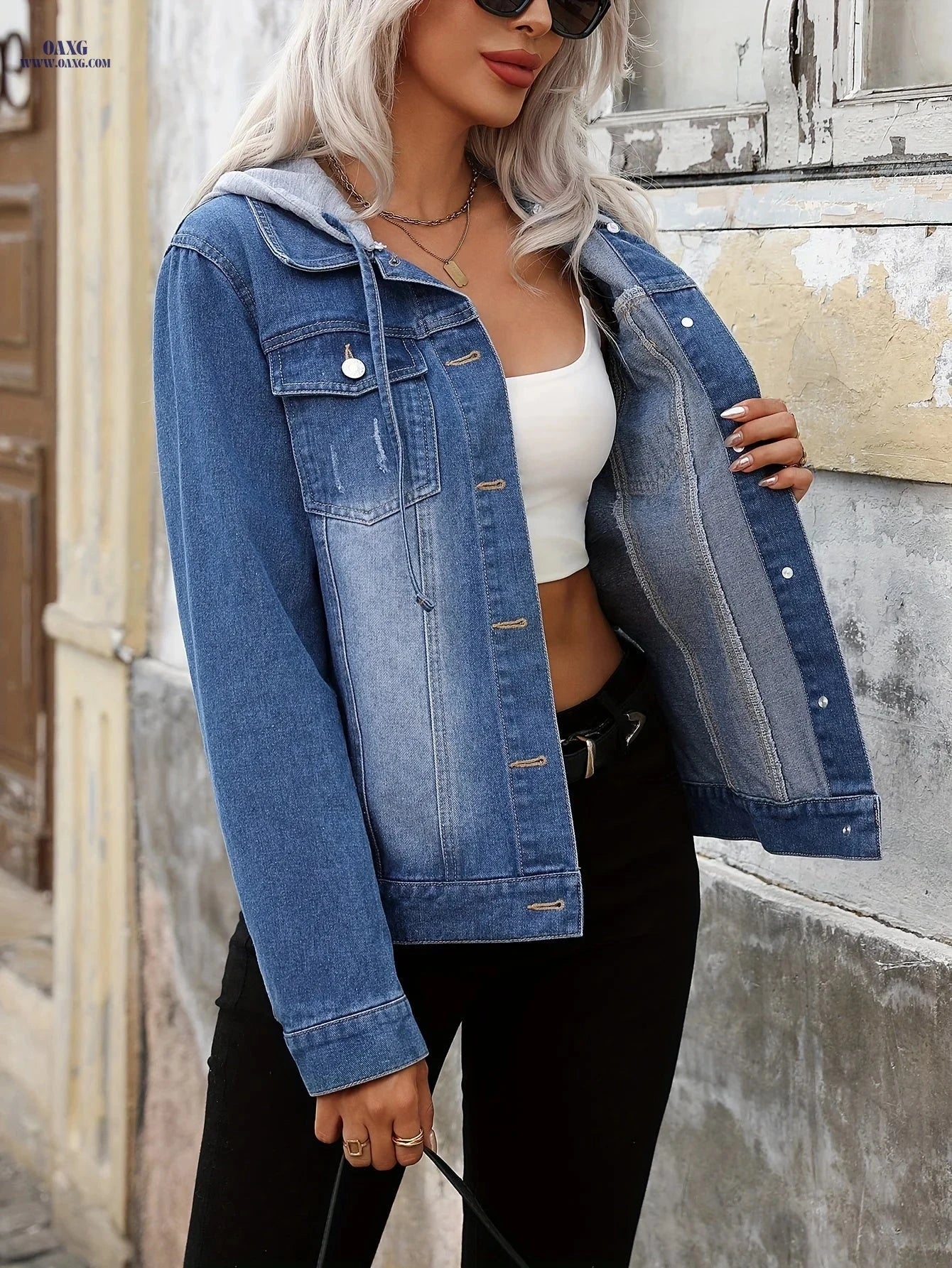 OAXG Women's Light Blue Denim Jacket - Elegant Hooded Design   OAXG 