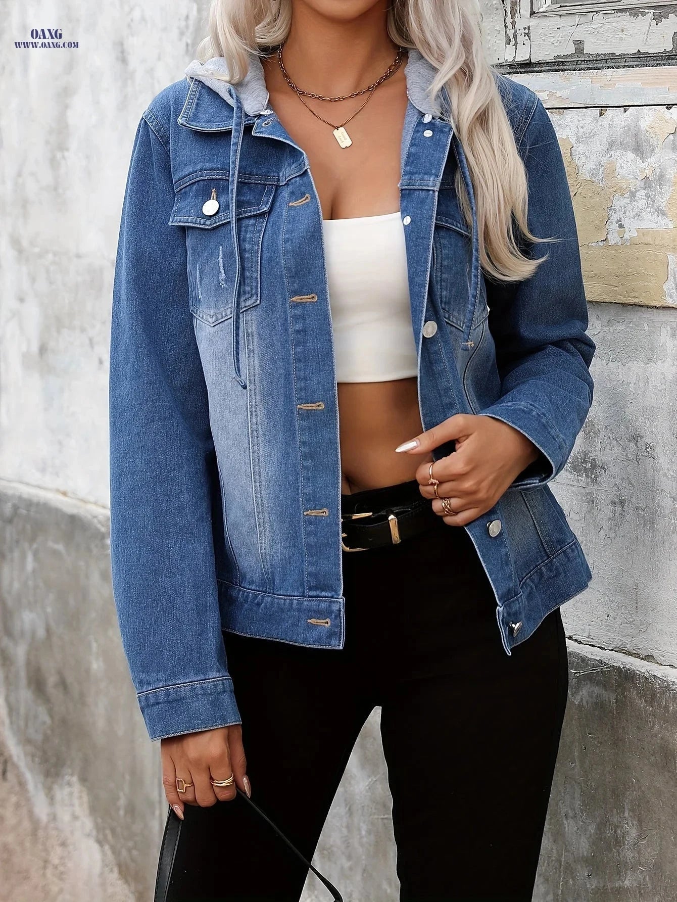 OAXG Women's Light Blue Denim Jacket - Elegant Hooded Design   OAXG 