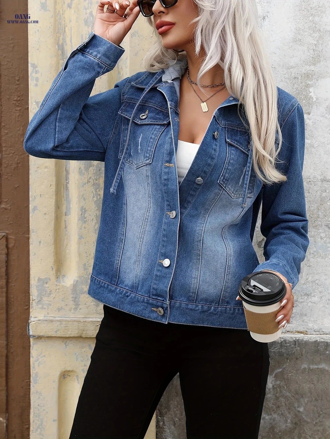 OAXG Women's Light Blue Denim Jacket - Elegant Hooded Design   OAXG 