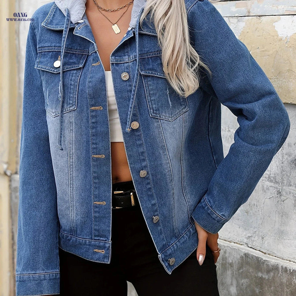 OAXG Women's Light Blue Denim Jacket - Elegant Hooded Design   OAXG 
