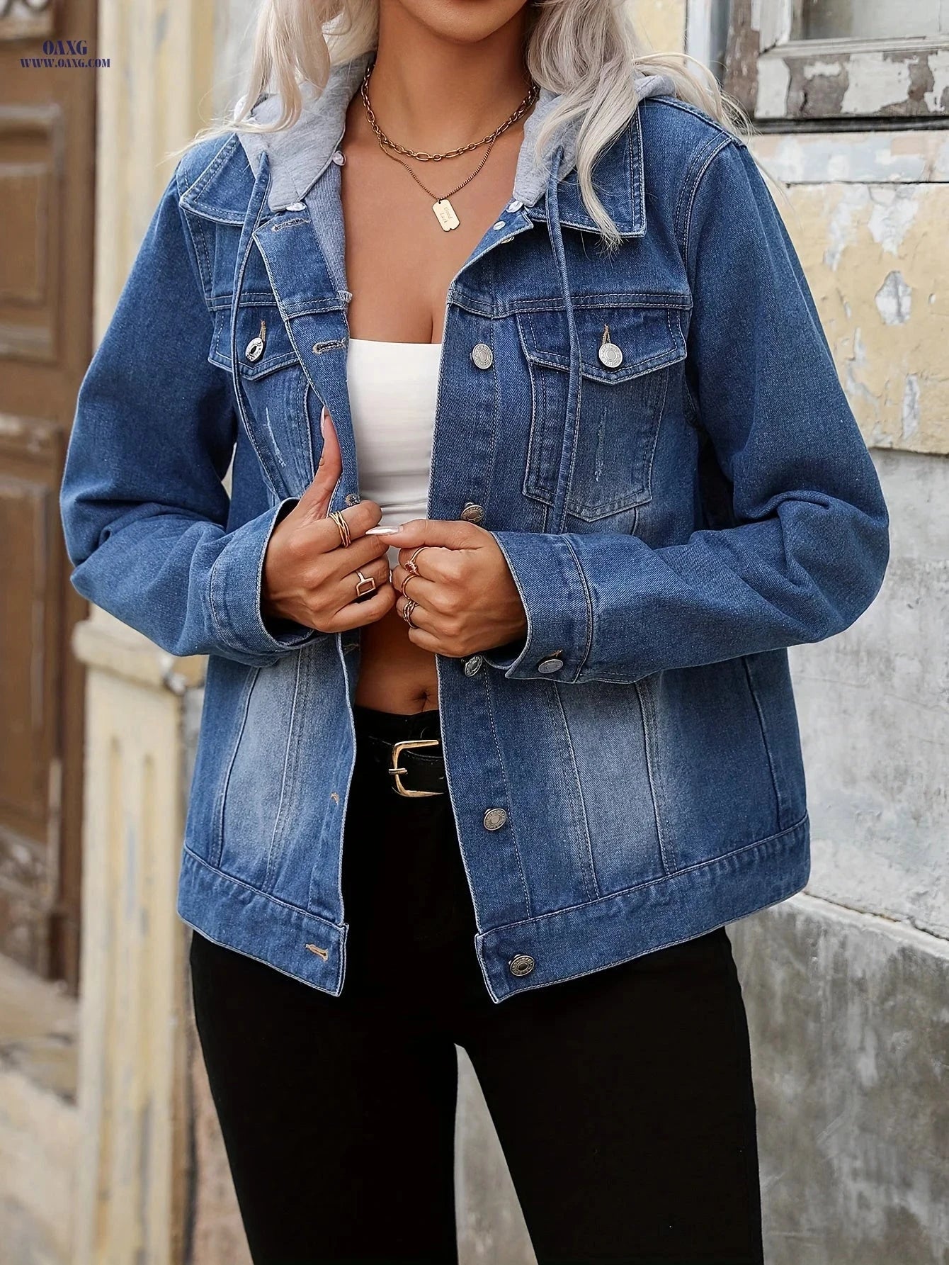 OAXG Women's Light Blue Denim Jacket - Elegant Hooded Design   OAXG 