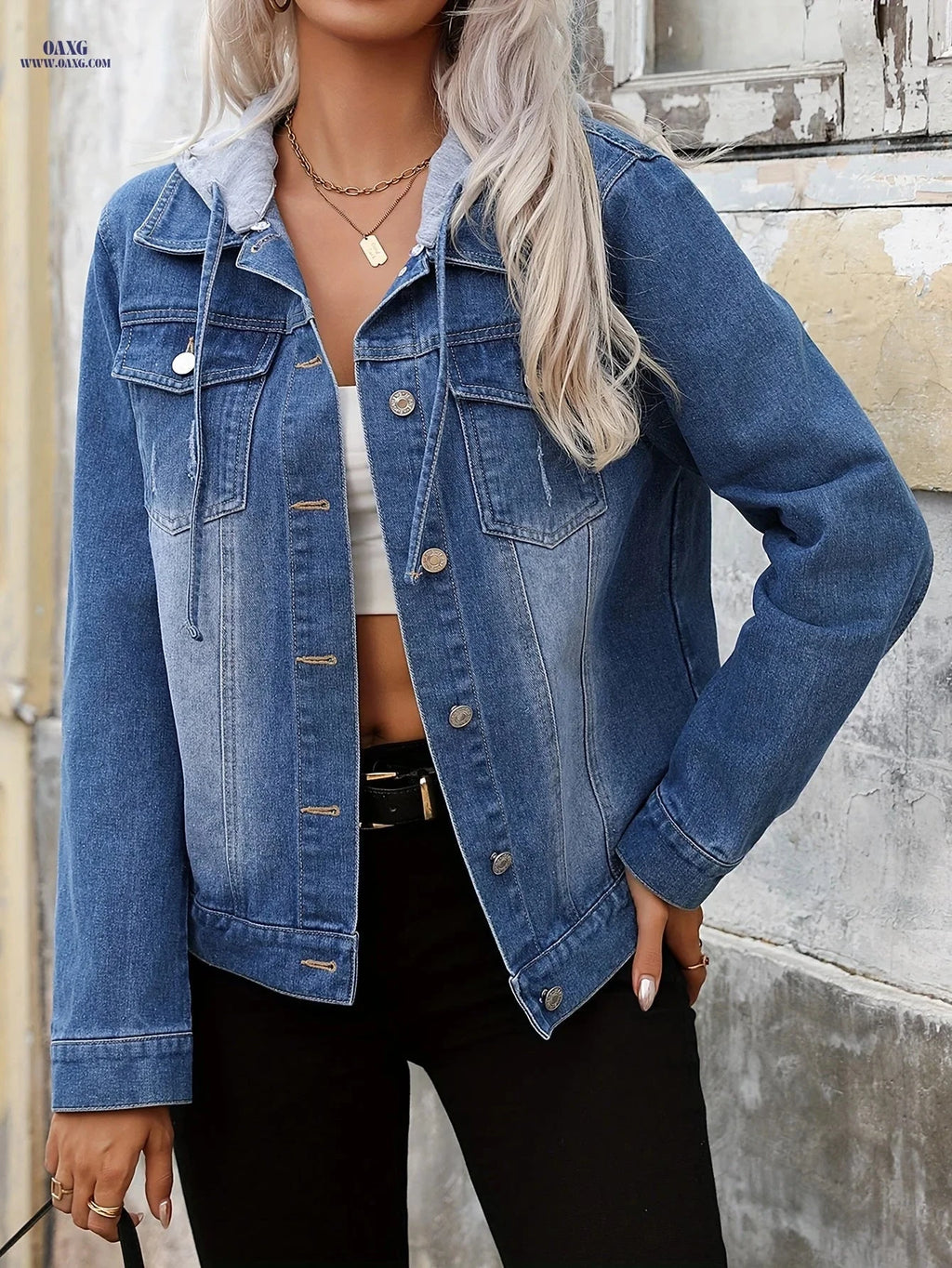 OAXG Women's Light Blue Denim Jacket - Elegant Hooded Design   OAXG 
