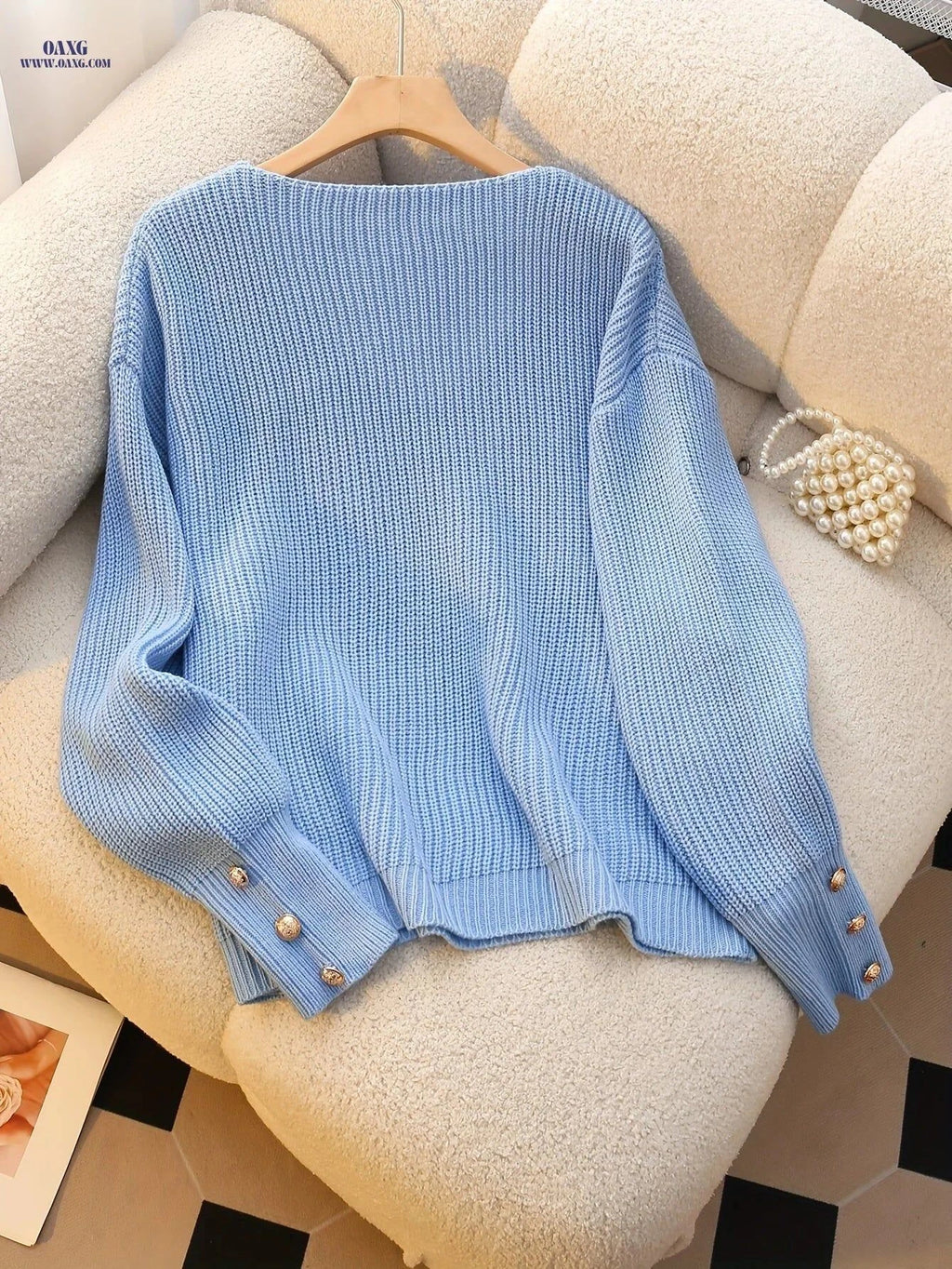 OAXG Women's Light Blue V-Neck Ribbed Sweater - Long Sleeve Pullover   OAXG Sky Blue / S