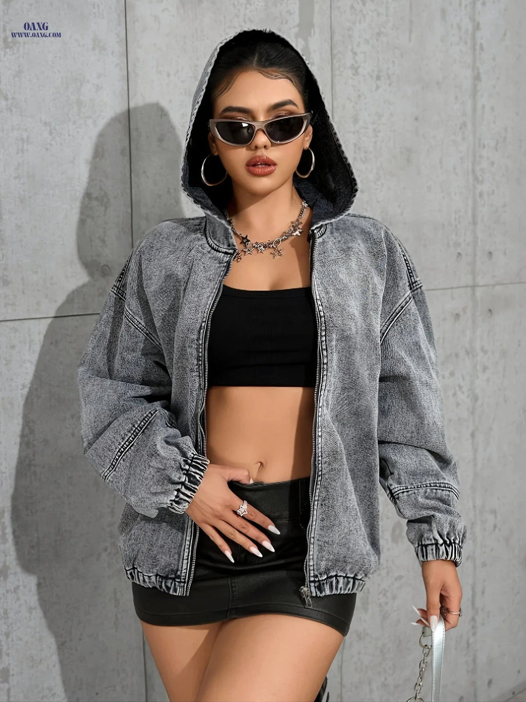 OAXG Women's Light Gray Denim Jacket - Casual Long Sleeve Zip-Up   OAXG 