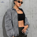 OAXG Women's Light Gray Denim Jacket - Casual Long Sleeve Zip-Up   OAXG 