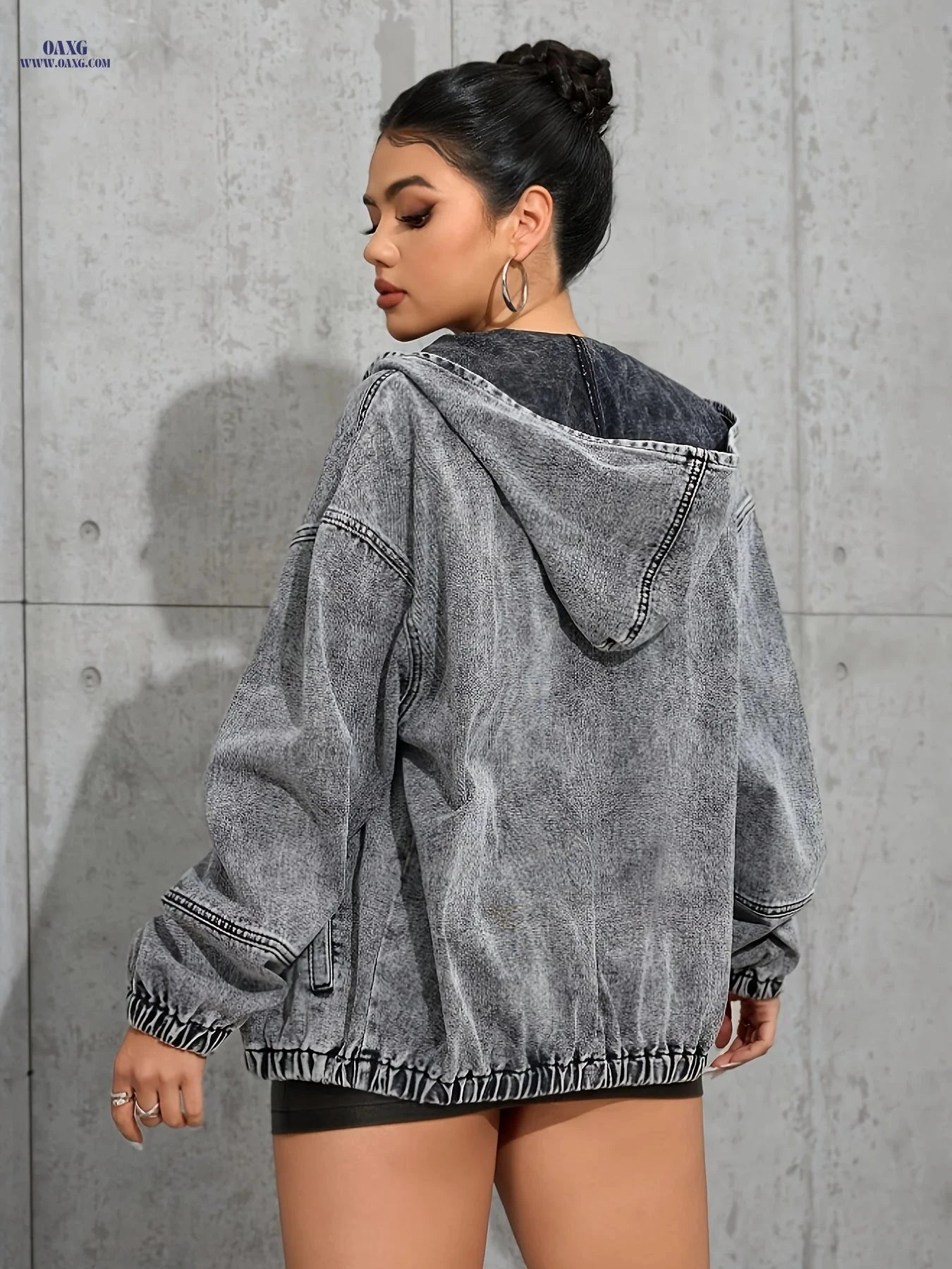 OAXG Women's Light Gray Denim Jacket - Casual Long Sleeve Zip-Up   OAXG 