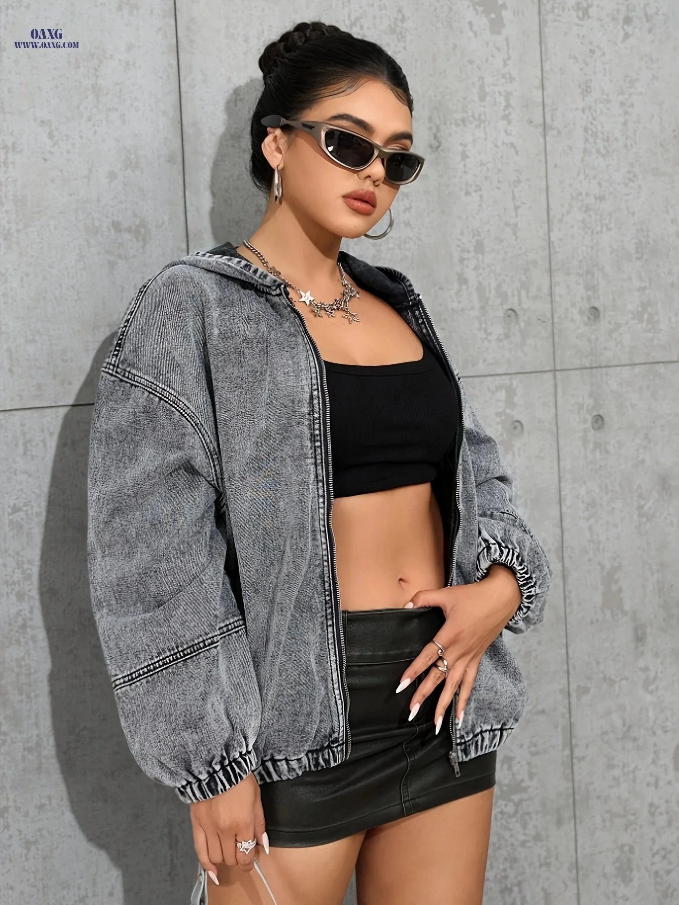 OAXG Women's Light Gray Denim Jacket - Casual Long Sleeve Zip-Up   OAXG 