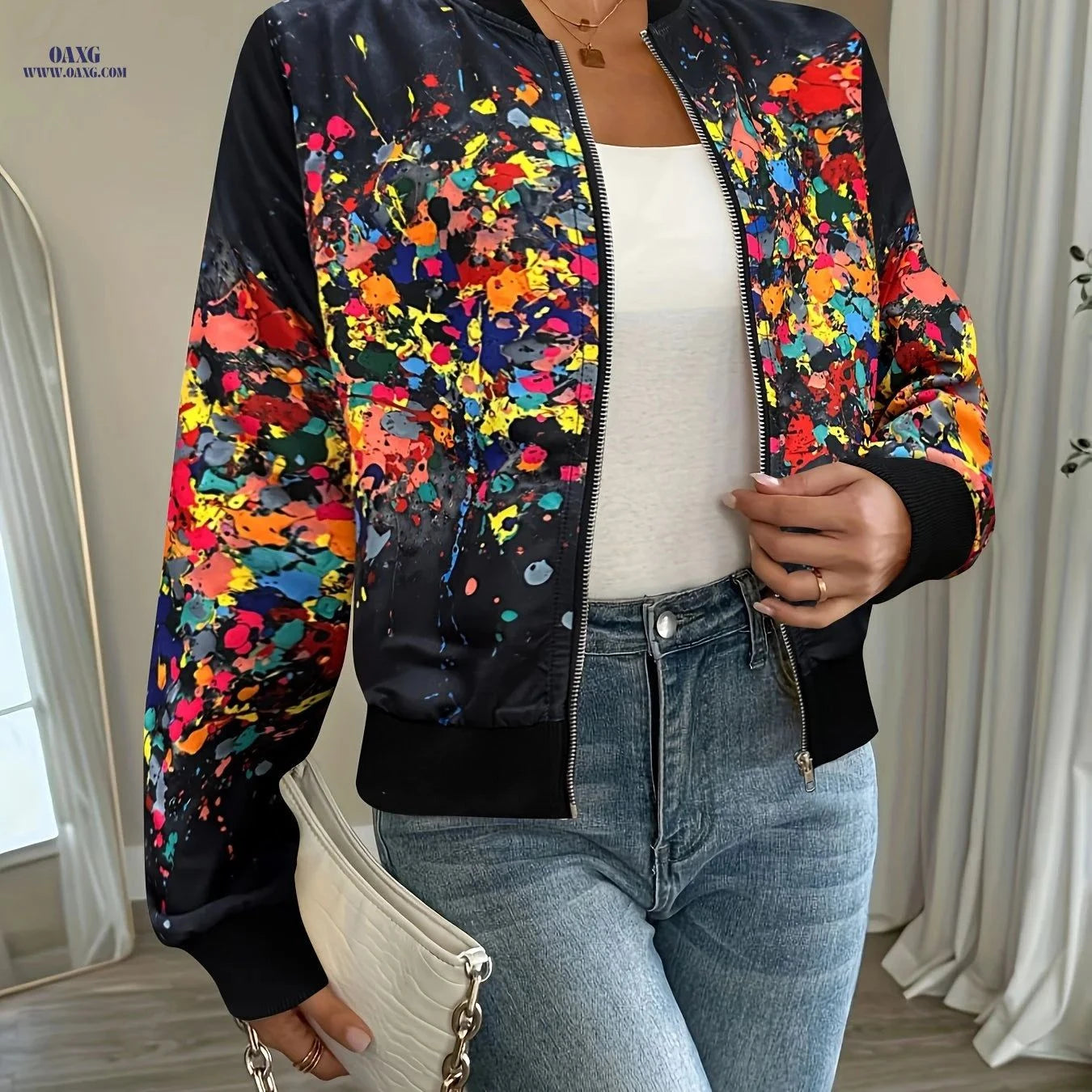 OAXG Women's Lightweight Tie-Dye Jacket - Zip-Up, Stand Collar   OAXG Apricot / S