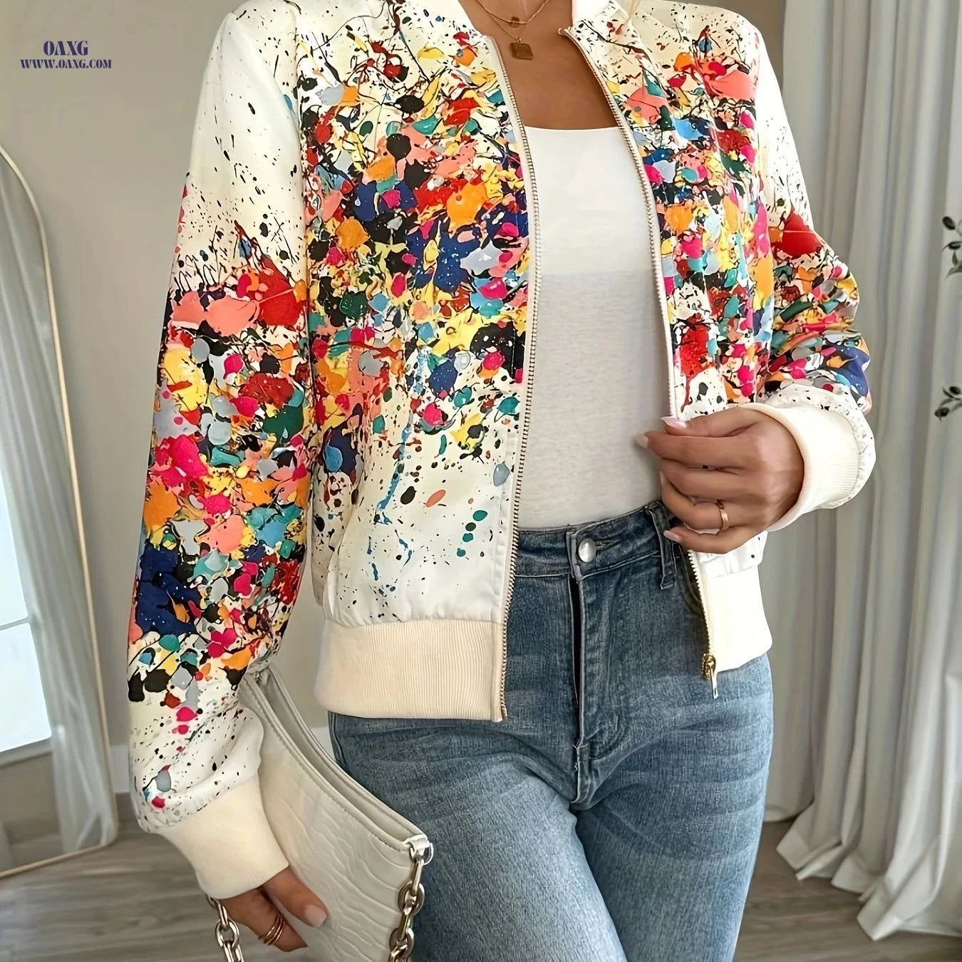 OAXG Women's Lightweight Tie-Dye Jacket - Zip-Up, Stand Collar   OAXG Apricot / S