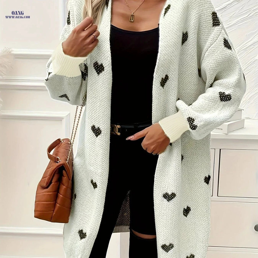 OAXG Women's Long Cardigan - Color Block Heart Knit, V-Neck   OAXG Apricot / S
