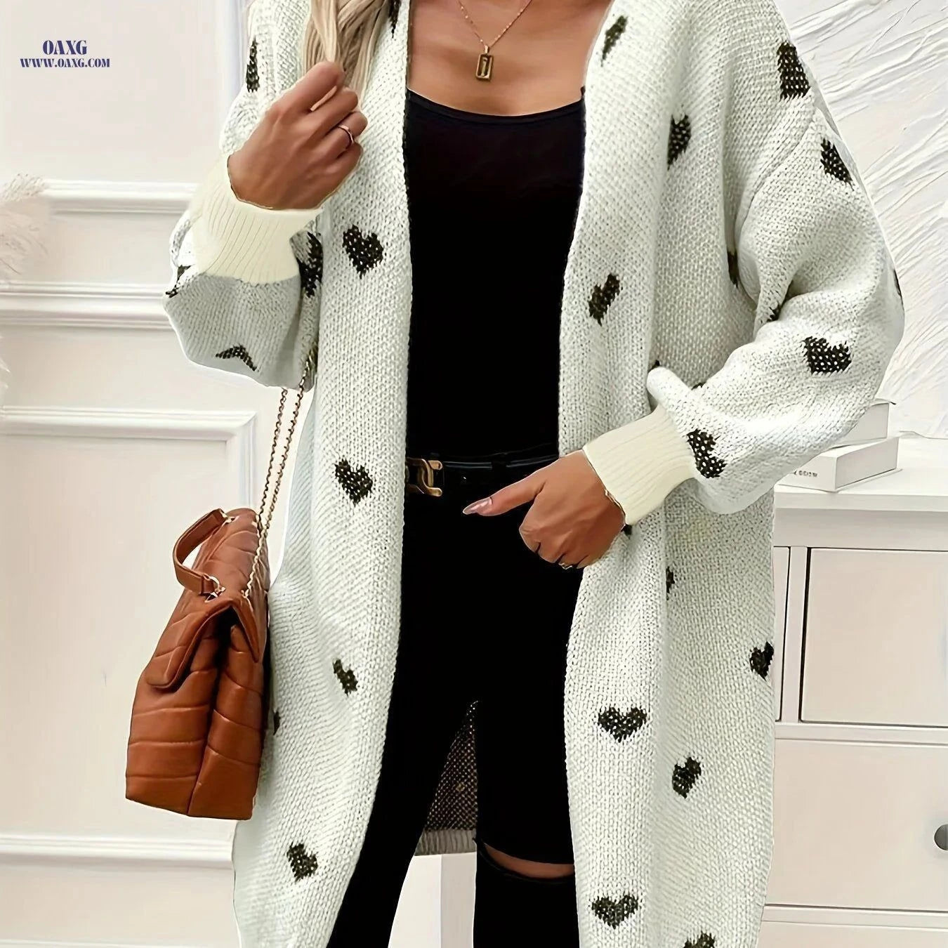 OAXG Women's Long Cardigan - Color Block Heart Knit, V-Neck   OAXG Apricot / S
