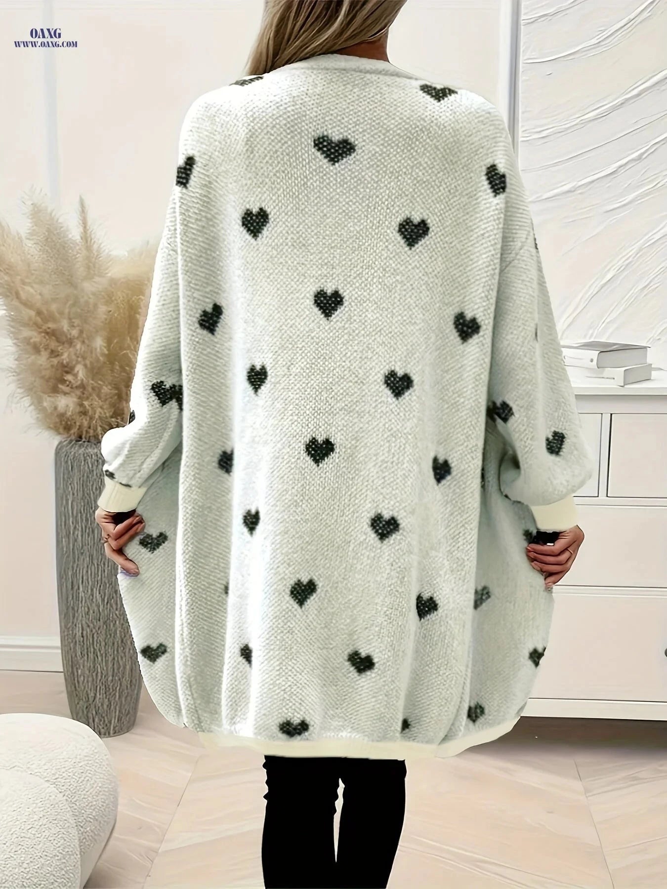 OAXG Women's Long Cardigan - Color Block Heart Knit, V-Neck   OAXG Apricot / S