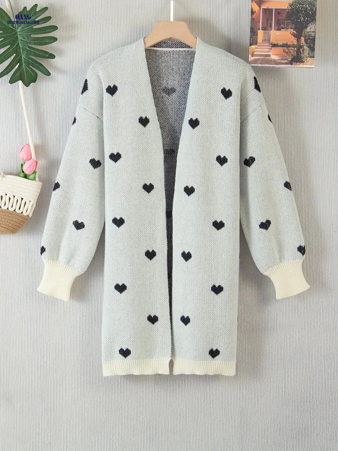 OAXG Women's Long Cardigan - Color Block Heart Knit, V-Neck   OAXG Apricot / S