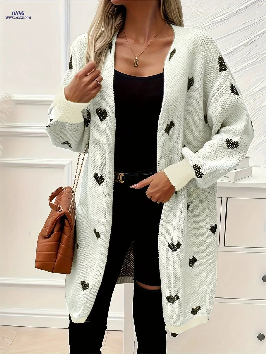 OAXG Women's Long Cardigan - Color Block Heart Knit, V-Neck   OAXG Apricot / S