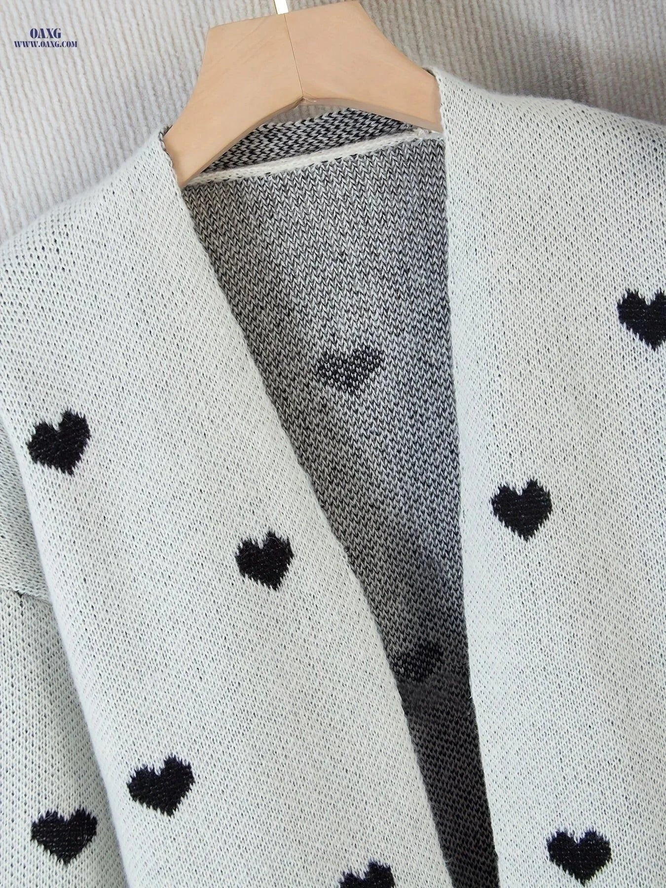 OAXG Women's Long Cardigan - Color Block Heart Knit, V-Neck   OAXG Apricot / S
