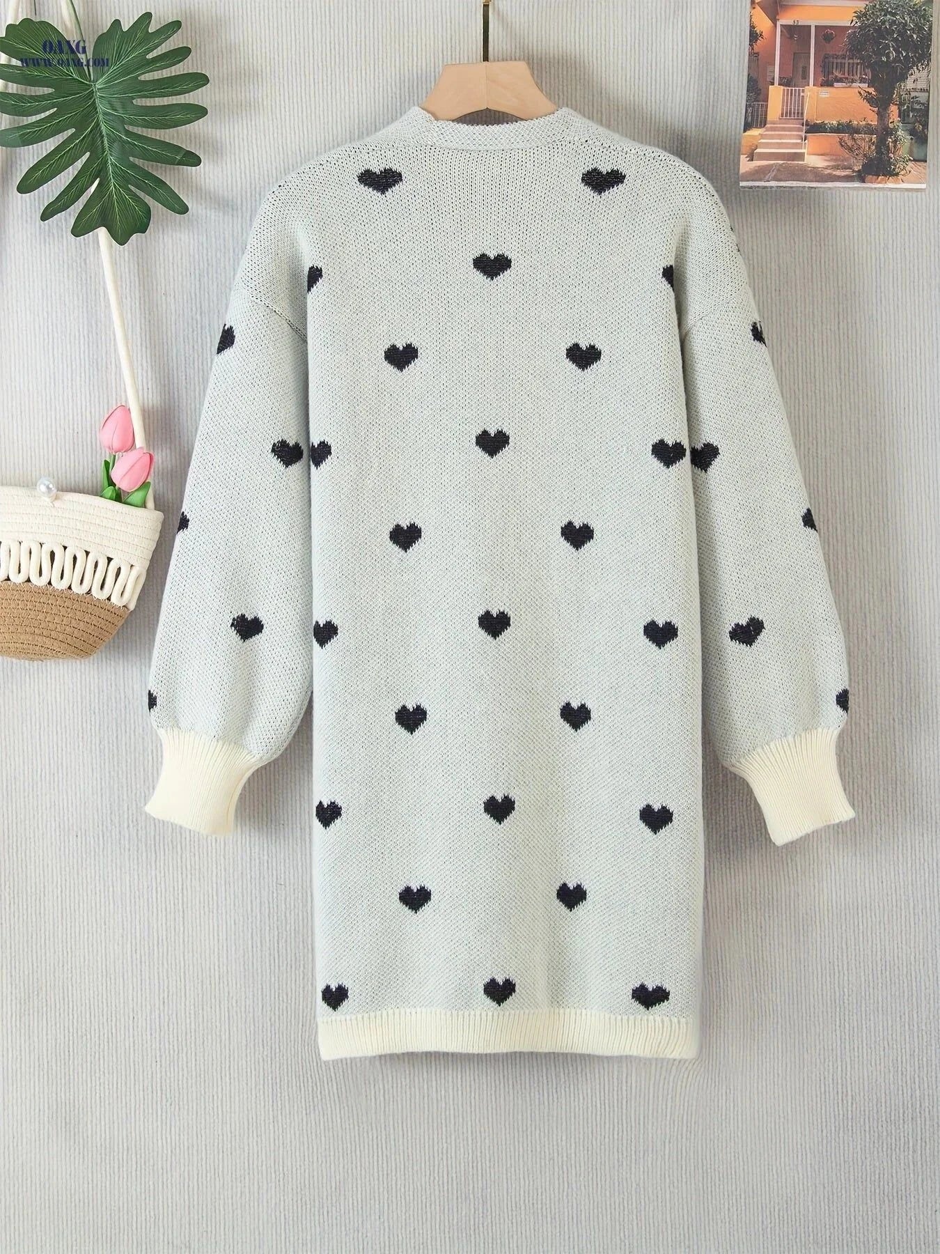 OAXG Women's Long Cardigan - Color Block Heart Knit, V-Neck   OAXG Apricot / S