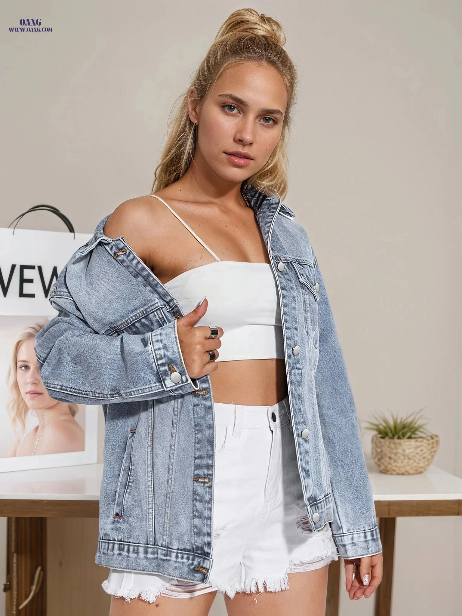 OAXG Women's Long Casual Denim Jacket - Washed Fashion Style   OAXG 