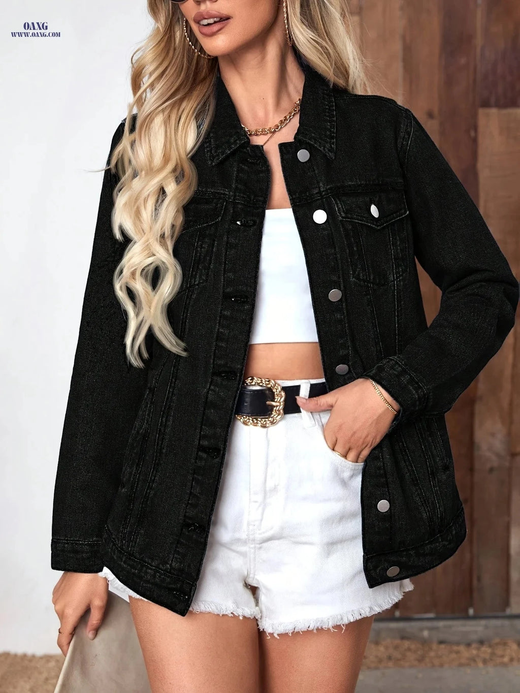 OAXG Women's Long Denim Jacket with Belt - Spring/Fall Fashion   OAXG 