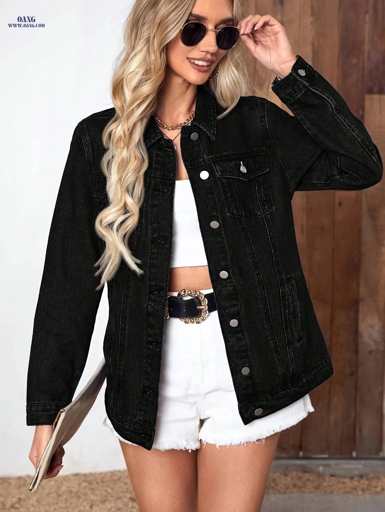 OAXG Women's Long Denim Jacket with Belt - Spring/Fall Fashion   OAXG 