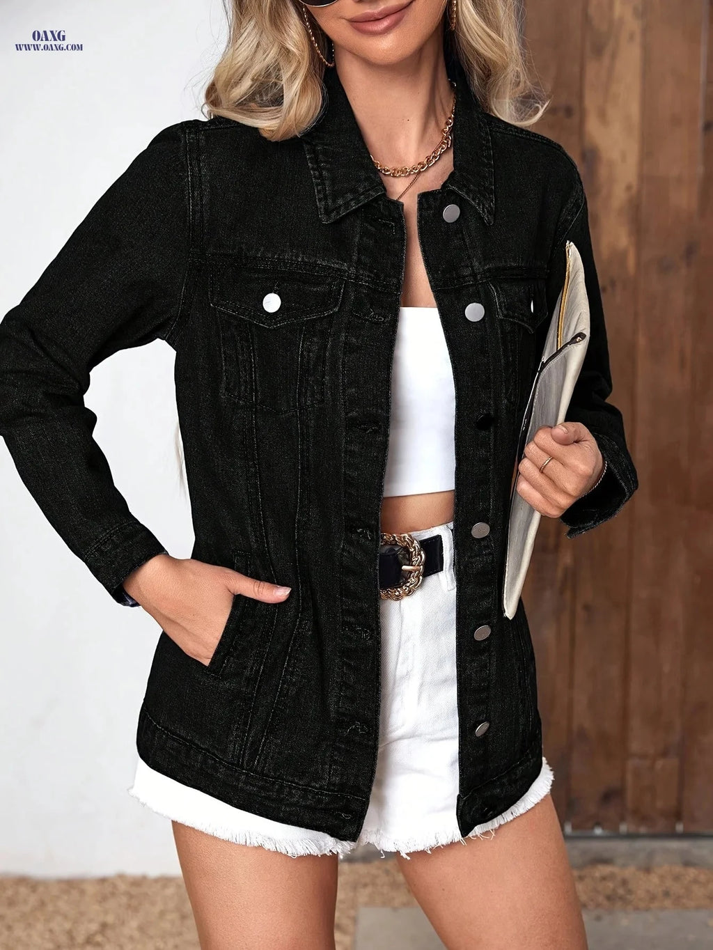 OAXG Women's Long Denim Jacket with Belt - Spring/Fall Fashion   OAXG 